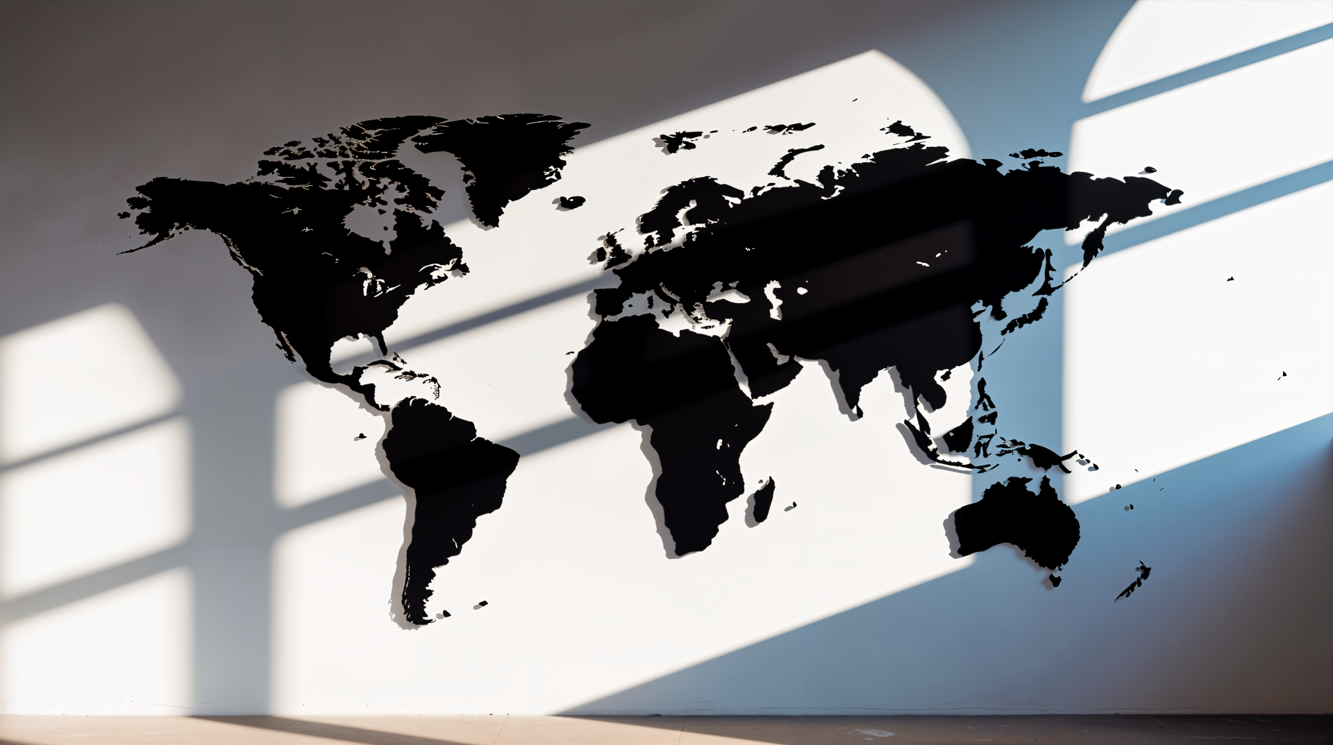 4K Ultra HD world map projection cast as a shadow on a wall with window light patterns, creating a minimalist and modern PC desktop wallpaper background.