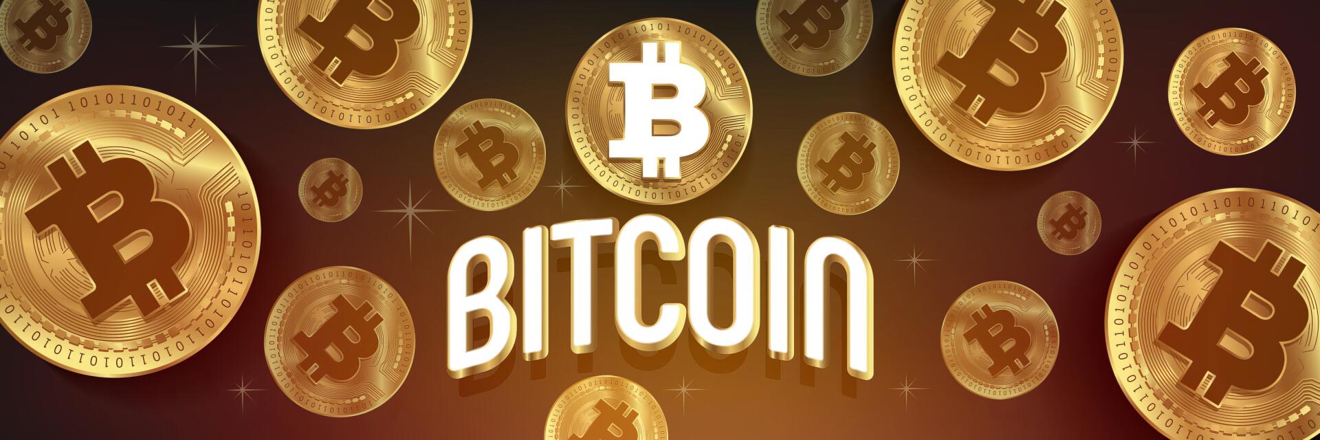 HD PC desktop wallpaper featuring multiple gold Bitcoin coins and the word BITCOIN prominently displayed, representing cryptocurrency.