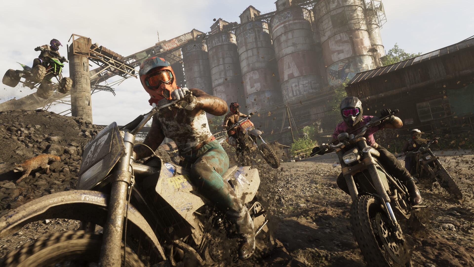 4K Ultra HD Grand Theft Auto VI wallpaper featuring intense motocross riders racing through a rugged, industrial terrain in high-detail PC game graphics.