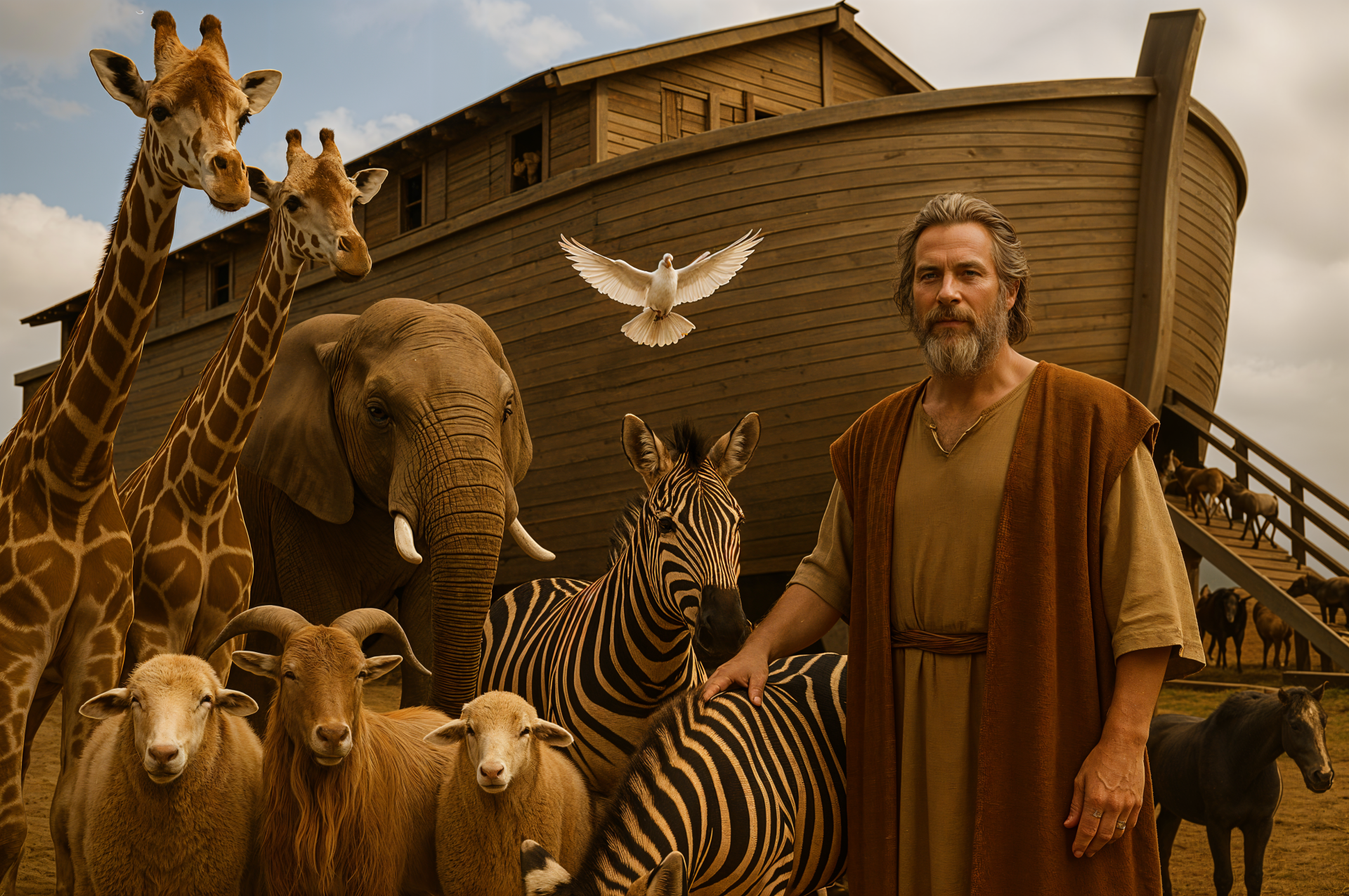 4K Ultra HD PC desktop wallpaper of Noah’s Ark featuring Noah standing among paired animals including giraffes, elephants, zebras, and sheep, with a white dove flying above.