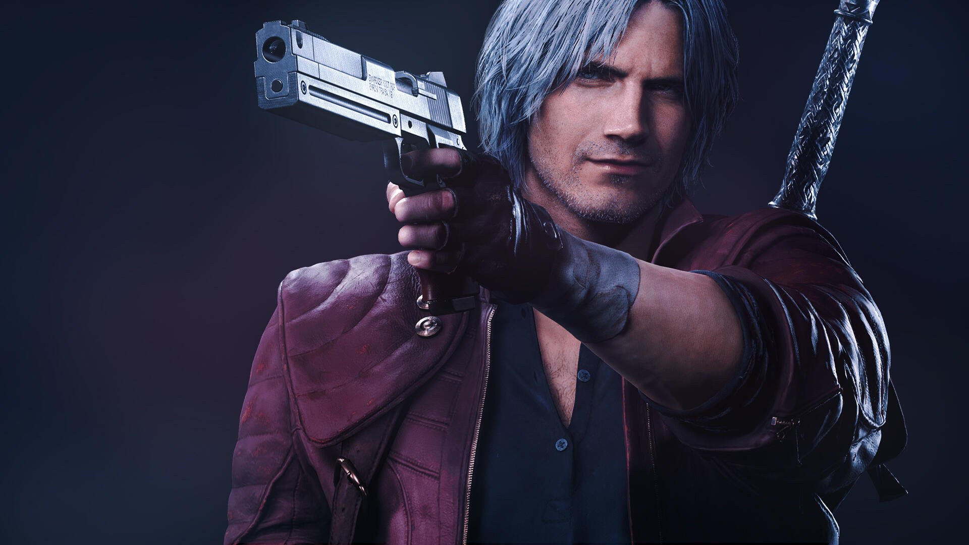 HD PC desktop wallpaper featuring Dante from Devil May Cry 5, a popular gaming character from the Devil May Cry video game series, poised with a handgun.