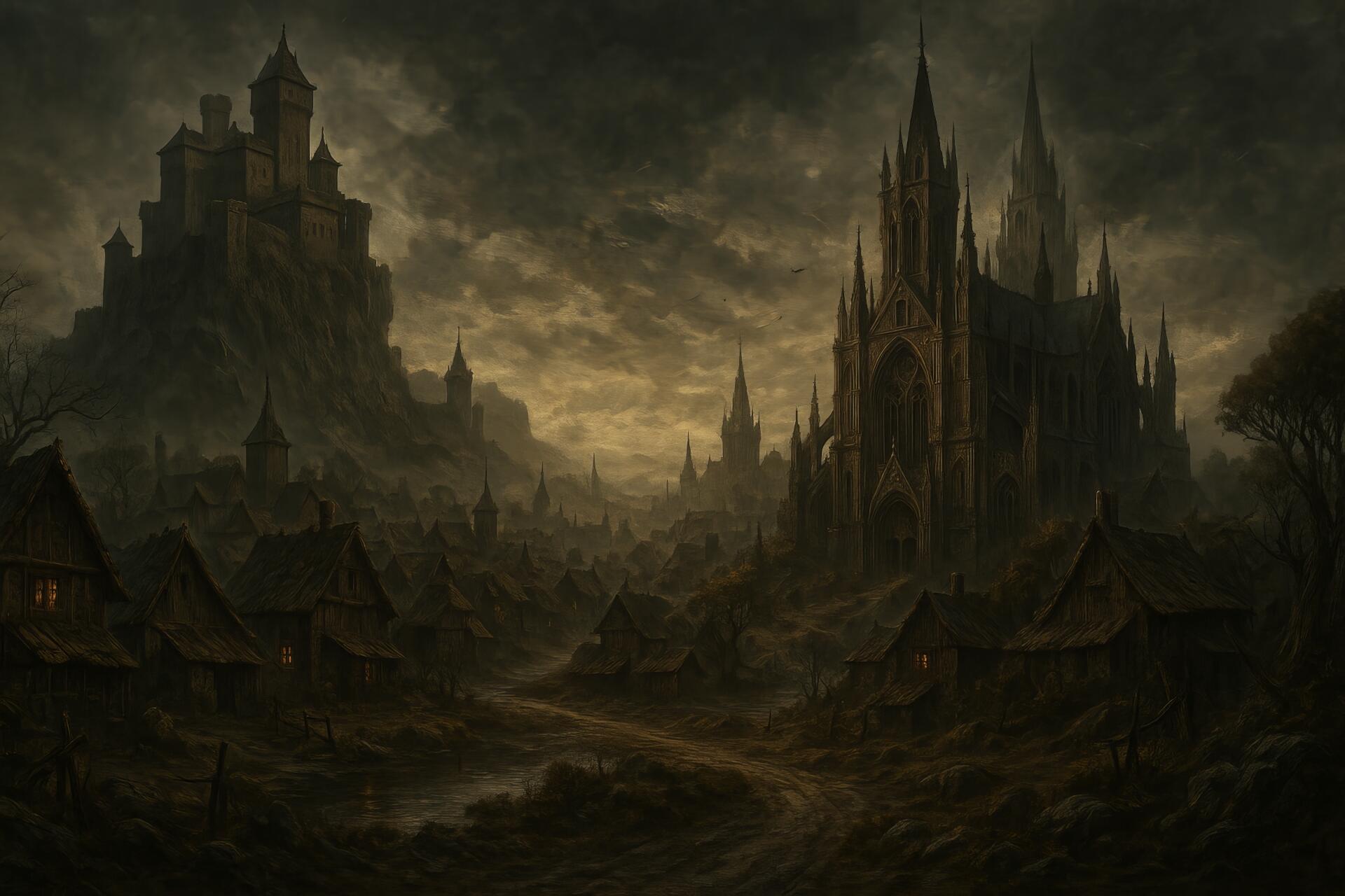 A dark fantasy medieval village shrouded in shadows, featuring towering gothic castles under an ominous, cloudy sky in HD detail.