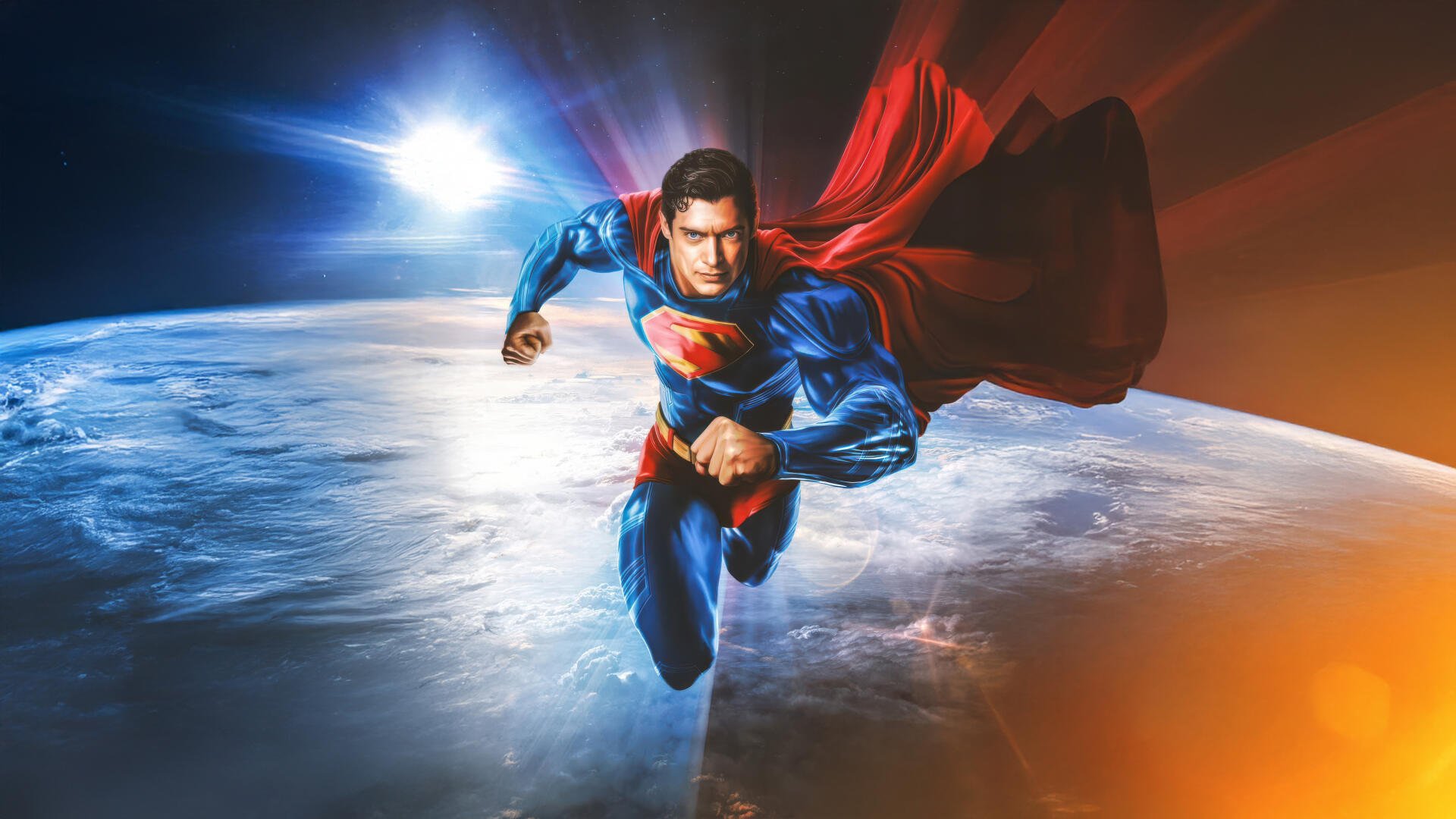 Superman soars above Earth in a vibrant 4K Ultra HD wallpaper from the 2025 Superman movie, showcasing vivid colors and dynamic motion on a PC desktop background.