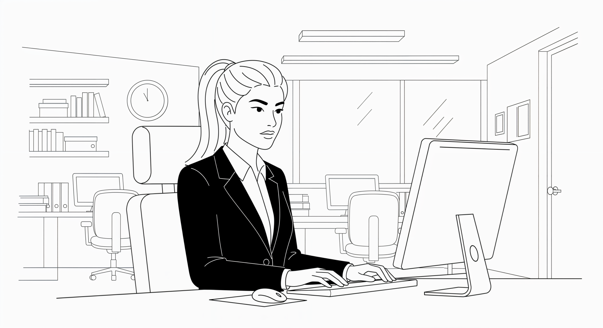 Line art of a woman in corporate attire working at a desktop computer in a modern office, designed as a 4K Ultra HD PC desktop wallpaper background.
