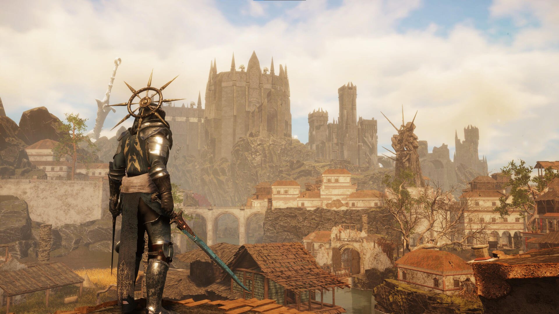 HD PC desktop wallpaper from the video game Tainted Grail: The Fall of Avalon, featuring a knight overlooking a medieval town with a large fortress in the background.