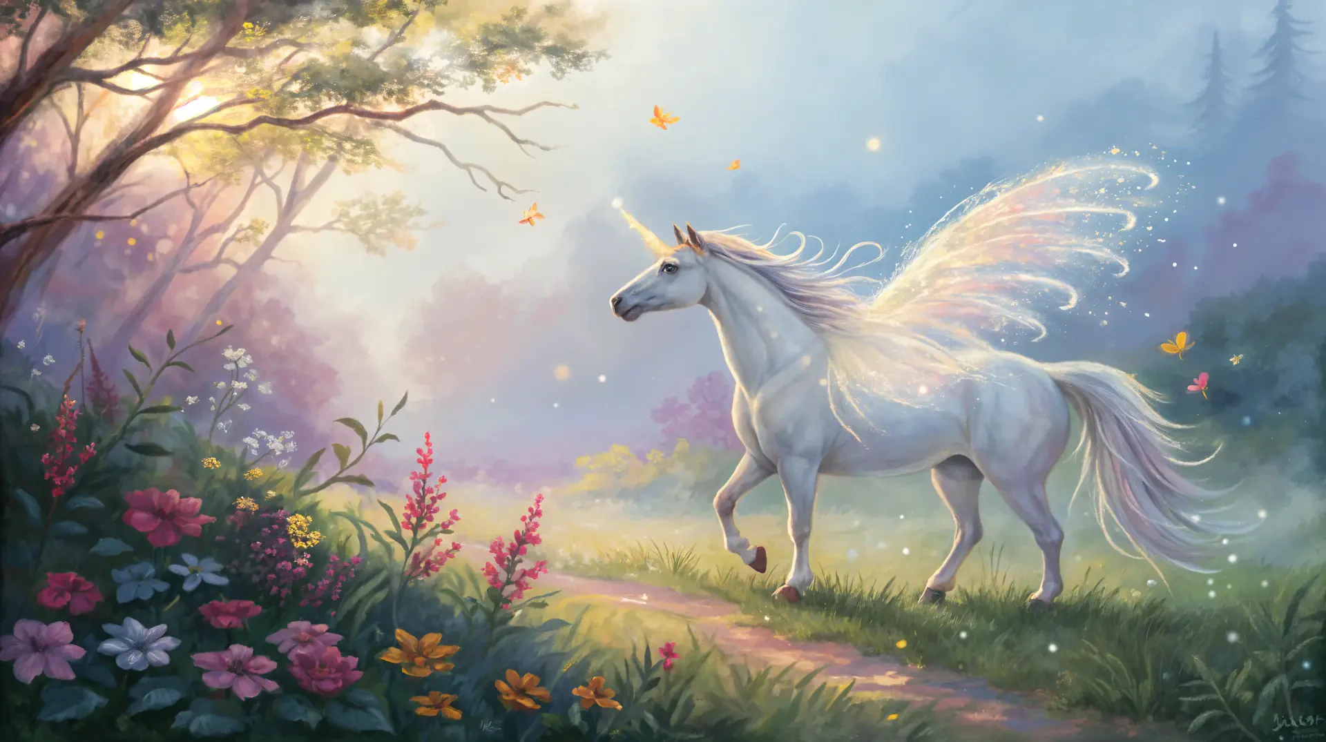 A majestic unicorn with glowing wings walks through a vibrant, enchanted forest, captured in stunning 4K Ultra HD for a magical creature PC desktop wallpaper.