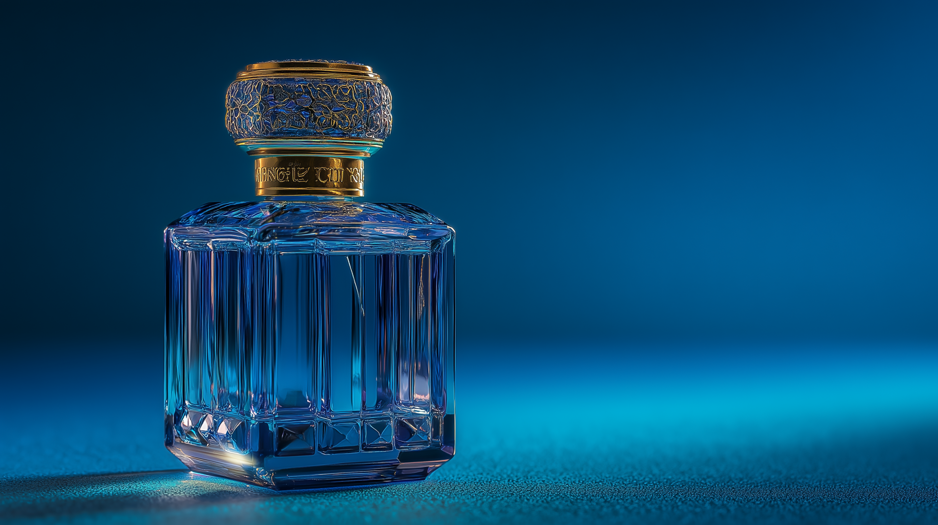 HD desktop wallpaper featuring a blue, man-made perfume bottle with intricate detailing and a gold-accented cap against a matching blue background.