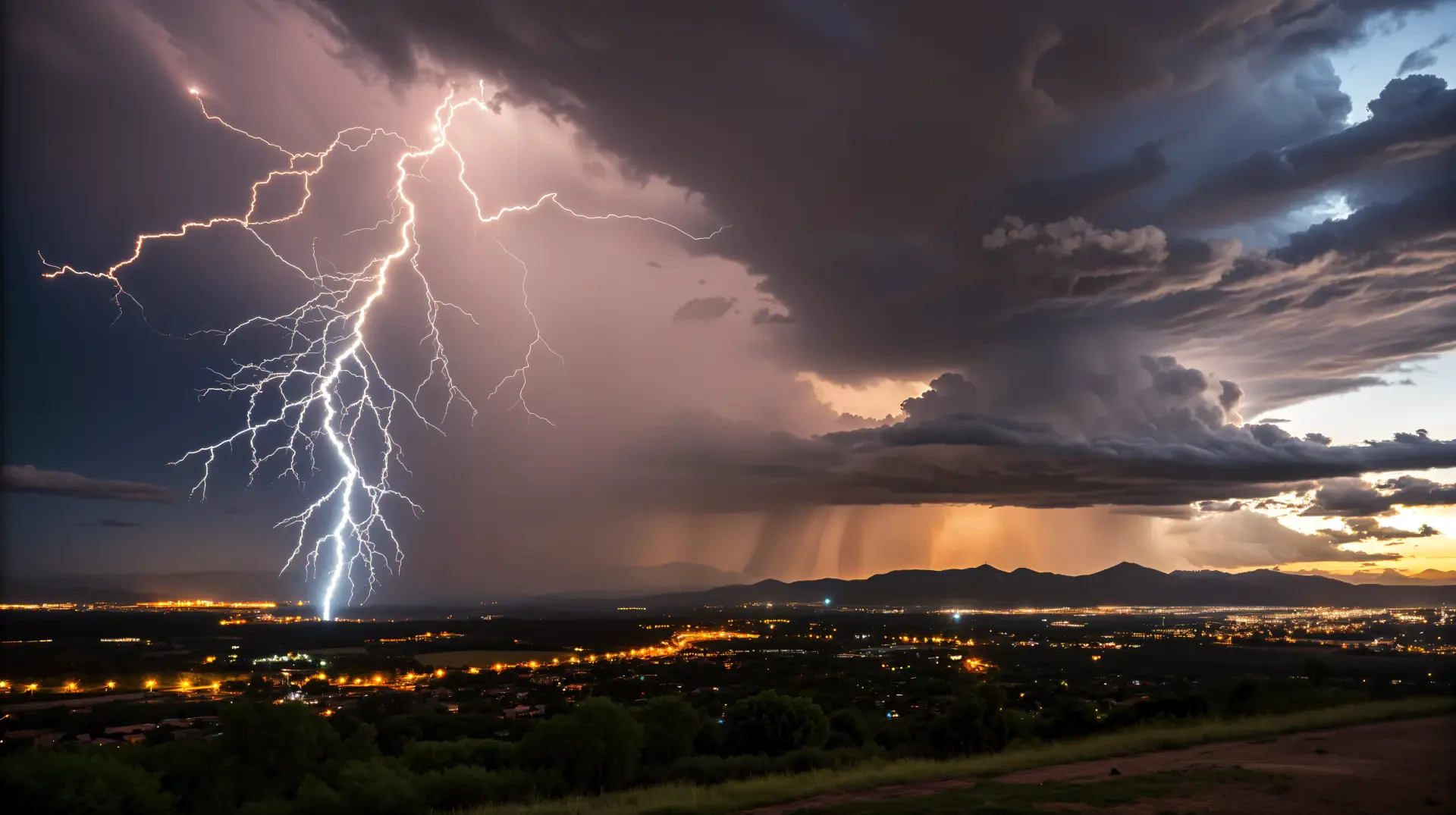 A dramatic lightning storm illuminates the night sky over a cityscape, captured in stunning 4K Ultra HD for a vivid PC desktop wallpaper.