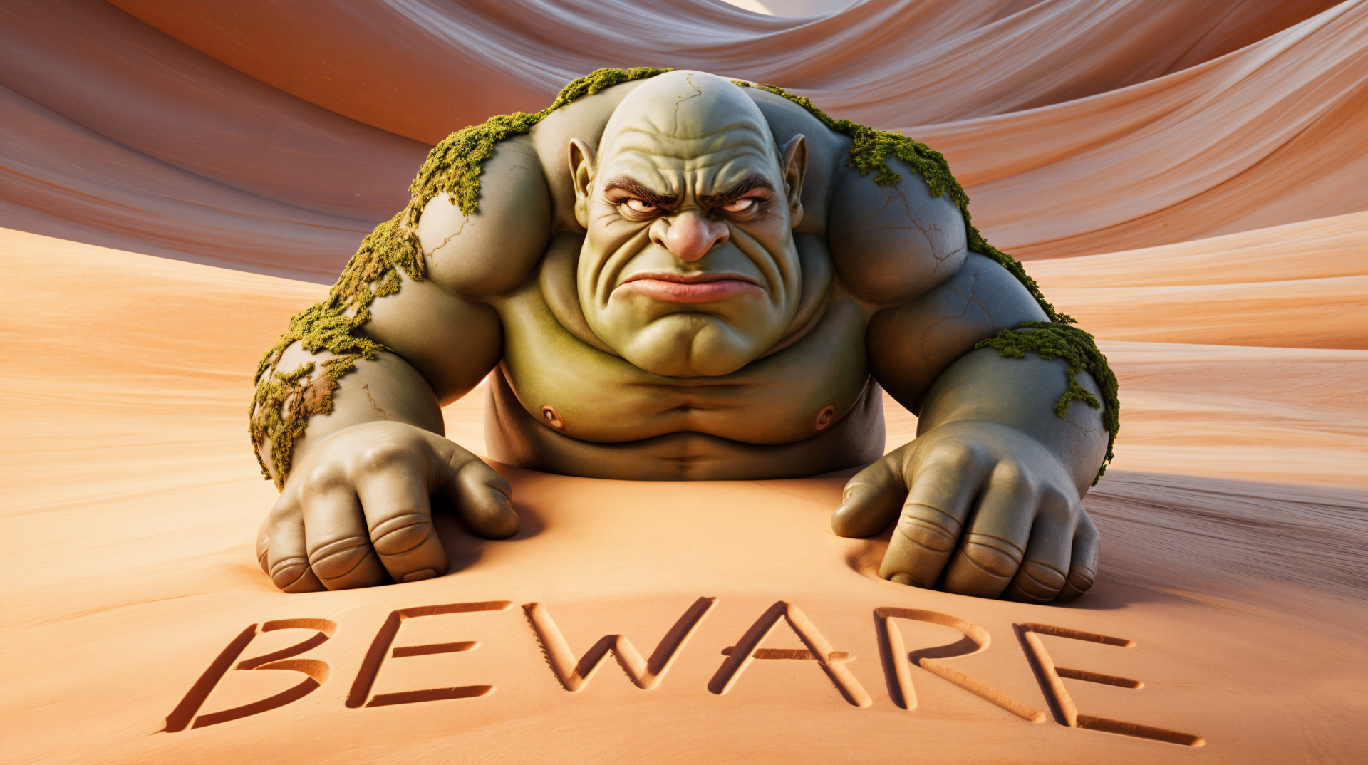 4K Ultra HD PC desktop wallpaper featuring a muscular, green ogre with moss patches, leaning forward over the word BEWARE carved in the sand.