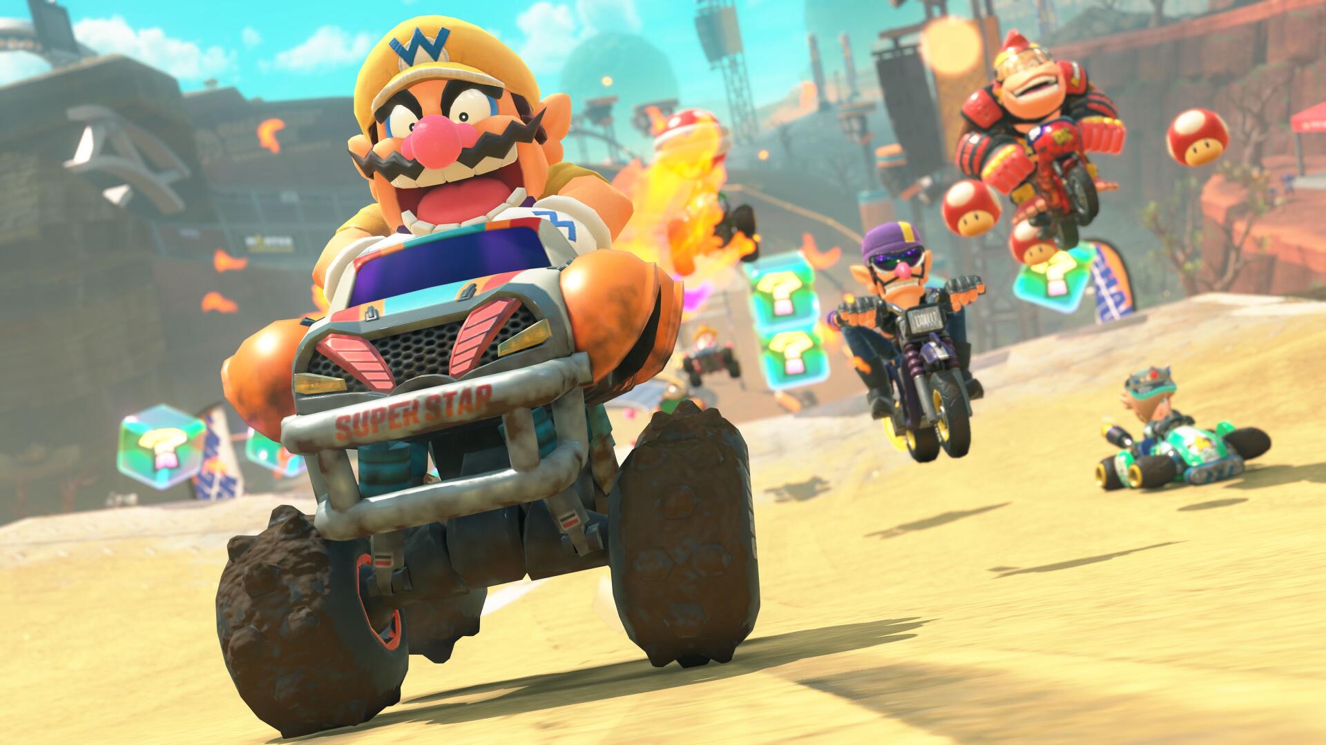 4K Ultra HD Mario Kart world scene featuring characters racing on rugged terrain in dynamic action, vibrant colors, and detailed video game graphics.