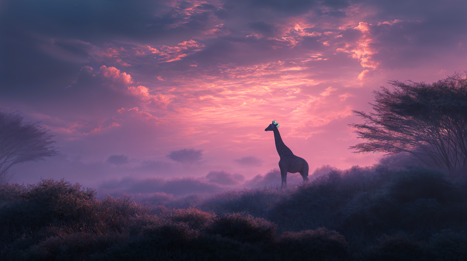 A lone giraffe stands in the misty savanna at dawn, captured in stunning 4K Ultra HD for a vivid PC desktop wallpaper and background.