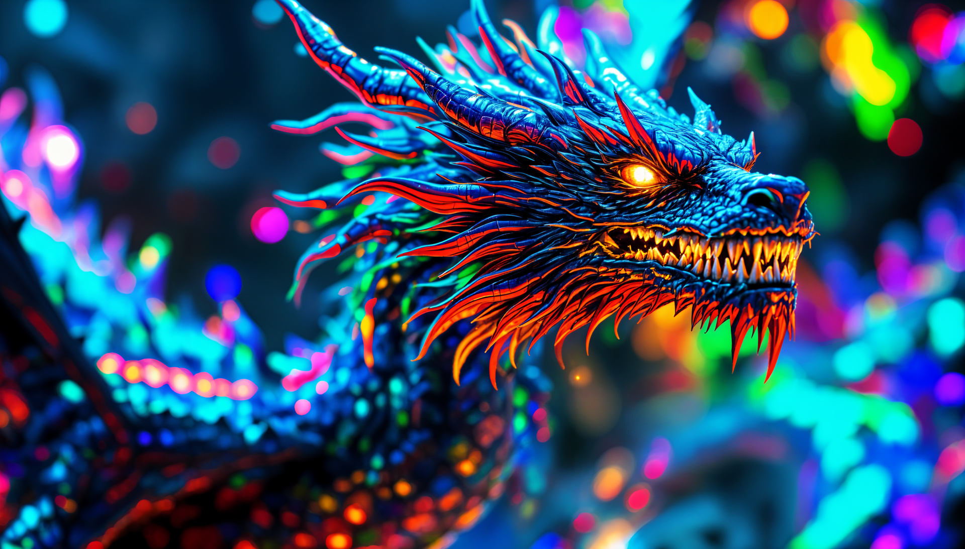 A vibrant, glowing dragon with intricate scales and fiery eyes in vivid neon colors, designed as a 4K Ultra HD PC desktop wallpaper and background.