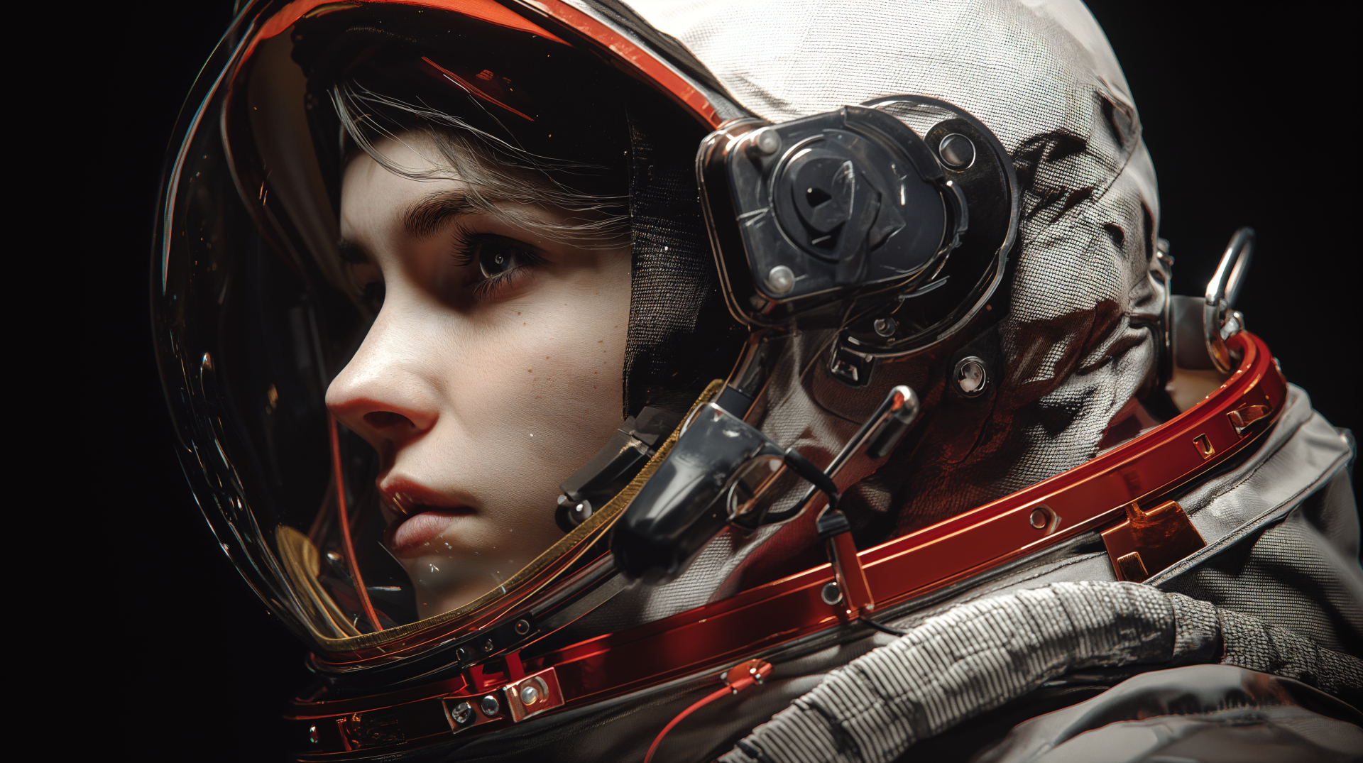 Close-up profile of a woman astronaut in a detailed sci-fi space suit helmet, captured in 4K Ultra HD for a PC desktop wallpaper background.