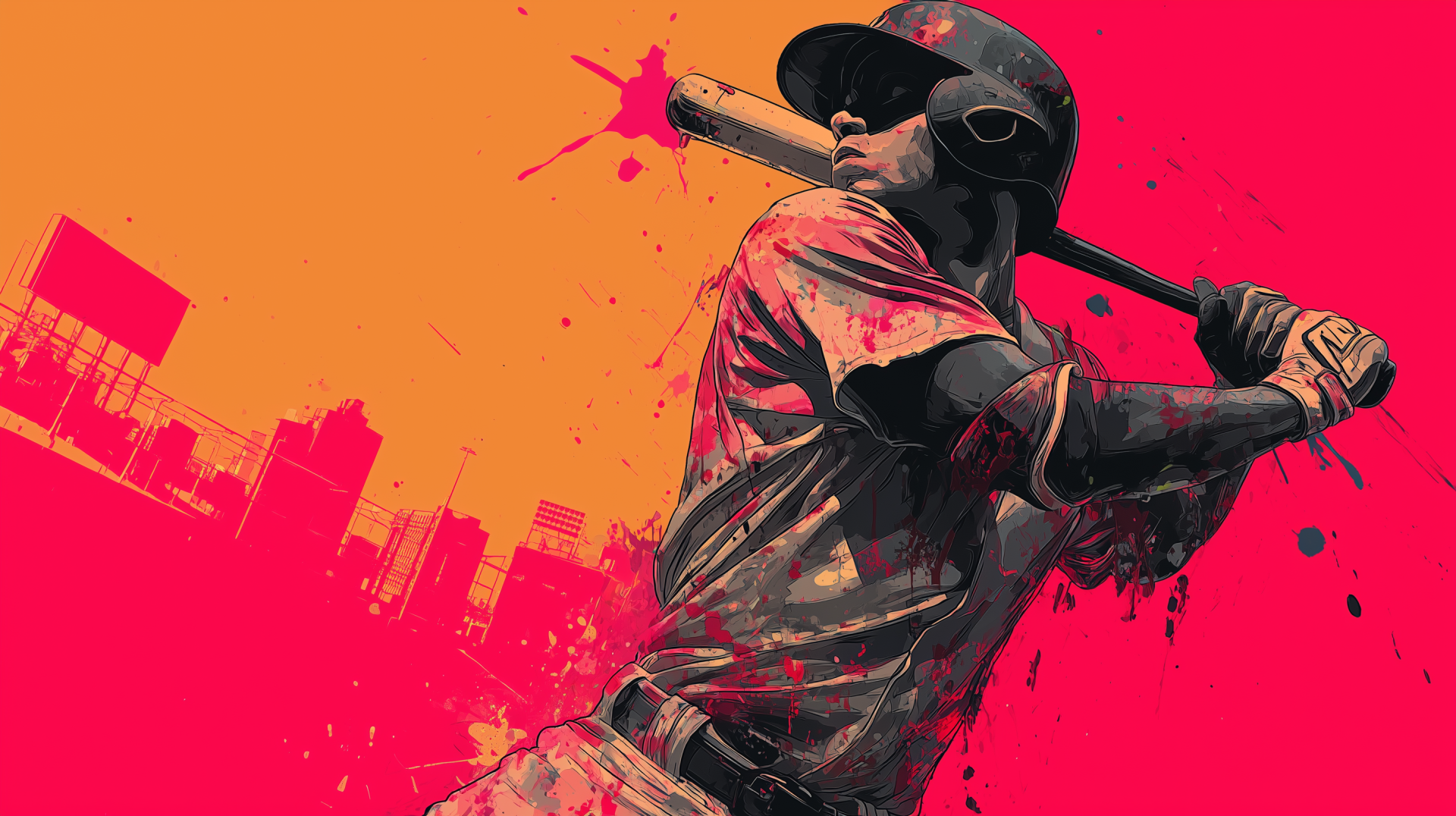 Vibrant HD sports wallpaper featuring a dynamic baseball player swinging a bat against a bold red and orange cityscape background.