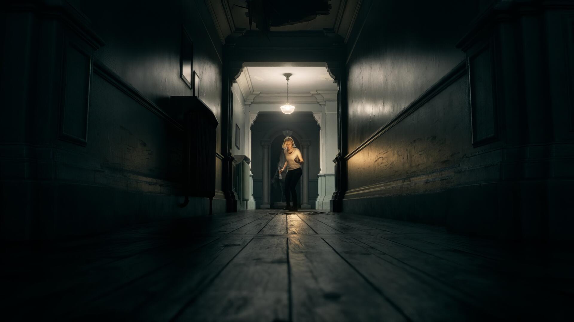 HD PC desktop wallpaper featuring a dark, eerie hallway scene from the video game Resident Evil Requiem, highlighting its suspenseful and atmospheric horror style.