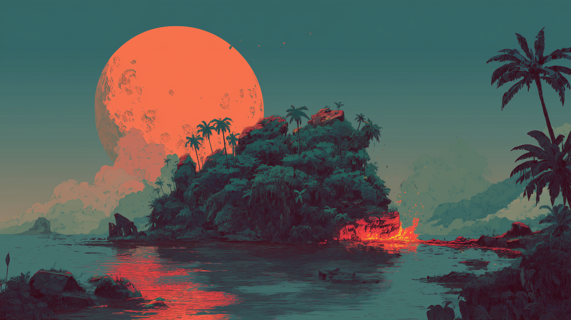 Artistic HD desktop wallpaper of a jungle island under a large orange moonrise, reflecting vibrant colors on the water in a serene nighttime landscape.