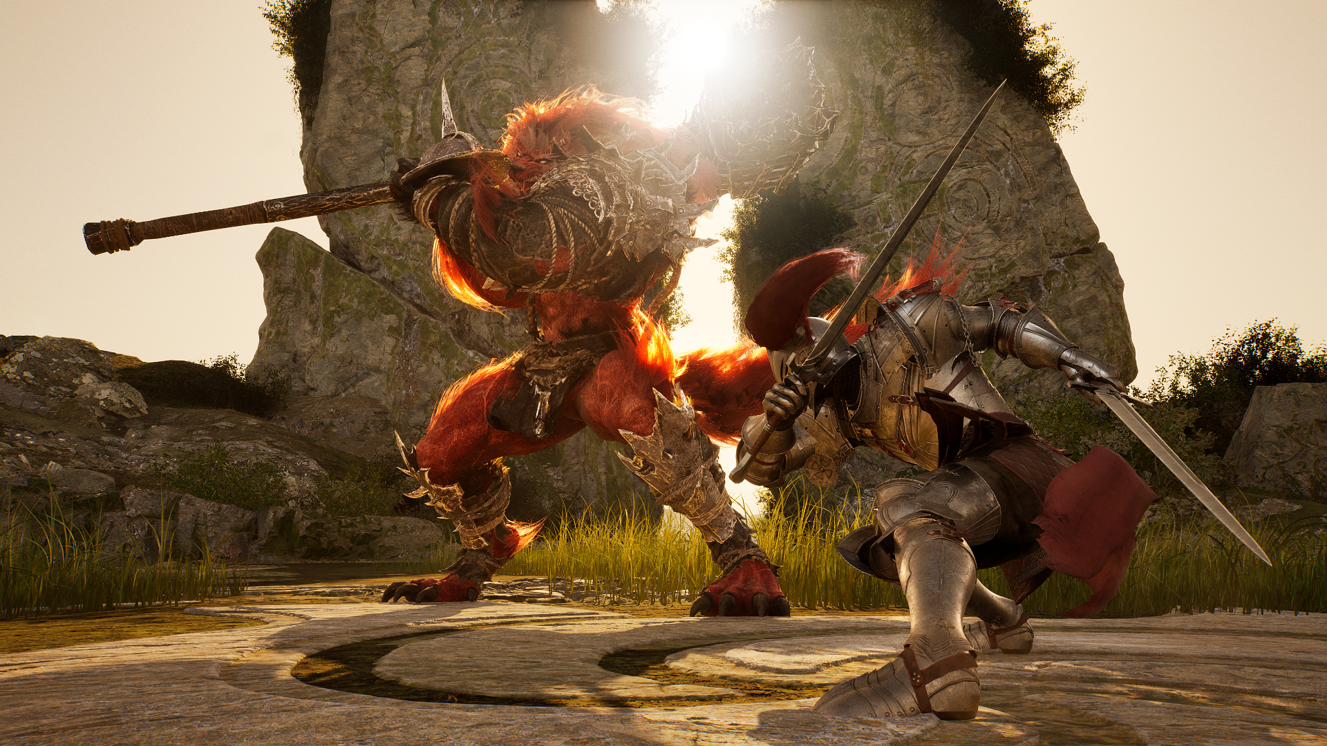 HD PC desktop wallpaper from the video game Vindictus: Defying Fate, featuring an intense battle between a warrior and a large, fiery beast in a rocky, sunlit setting.