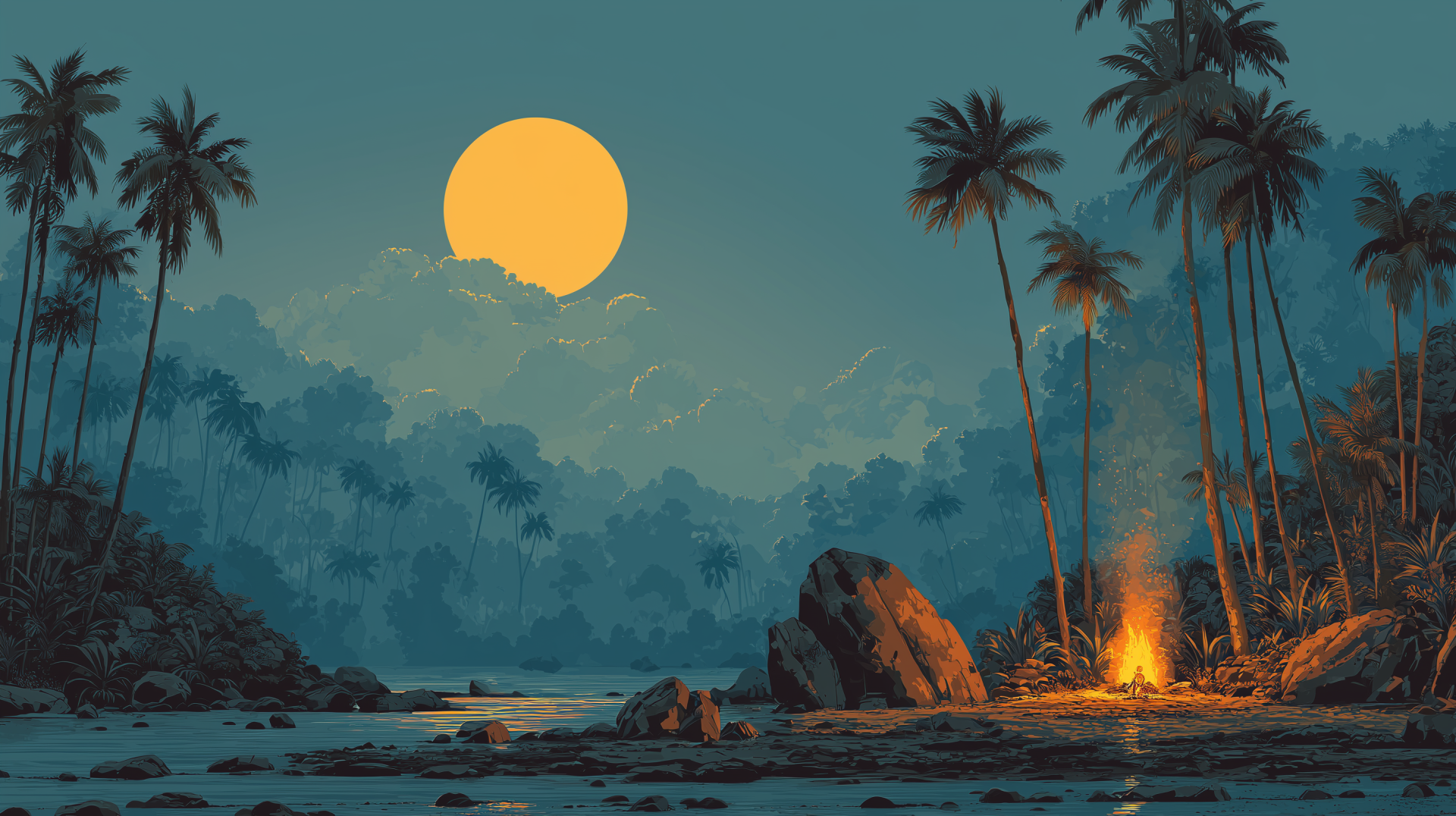 HD PC desktop wallpaper depicting a serene jungle scene with tall palm trees, a glowing bonfire, and a large full moon illuminating the night sky.