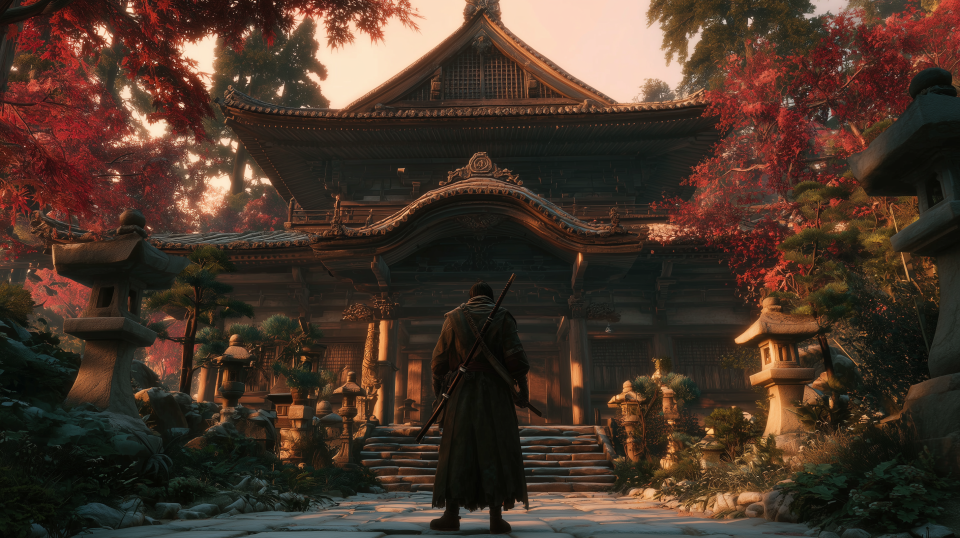 HD gaming art of a samurai standing before a traditional Japanese temple surrounded by autumn foliage, captured as a detailed PC desktop wallpaper and background.