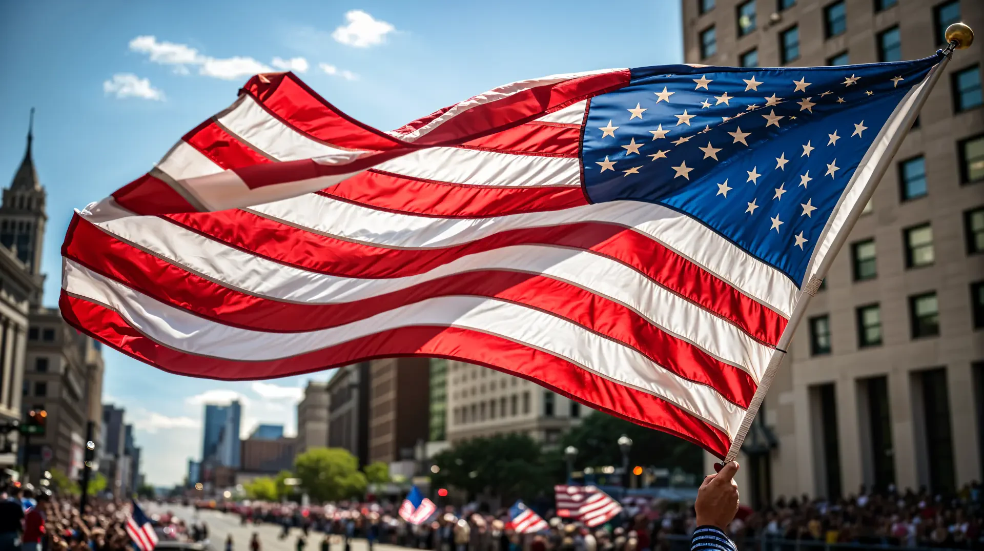 Vibrant 4K Ultra HD Flag Day wallpaper featuring a large American flag waving proudly against a cityscape backdrop during a sunny day parade.