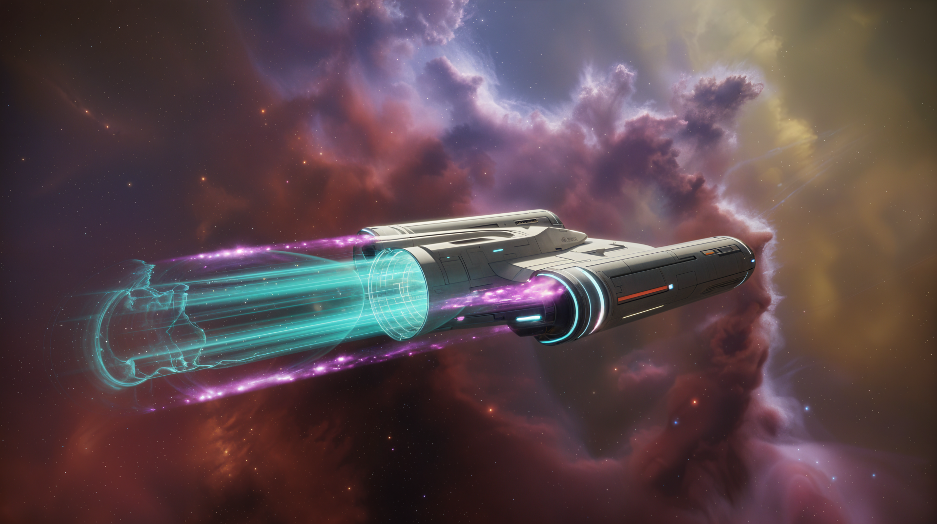 A 4K Ultra HD PC desktop wallpaper featuring a sleek spaceship activating its glowing warp drive against a vibrant cosmic nebula background.