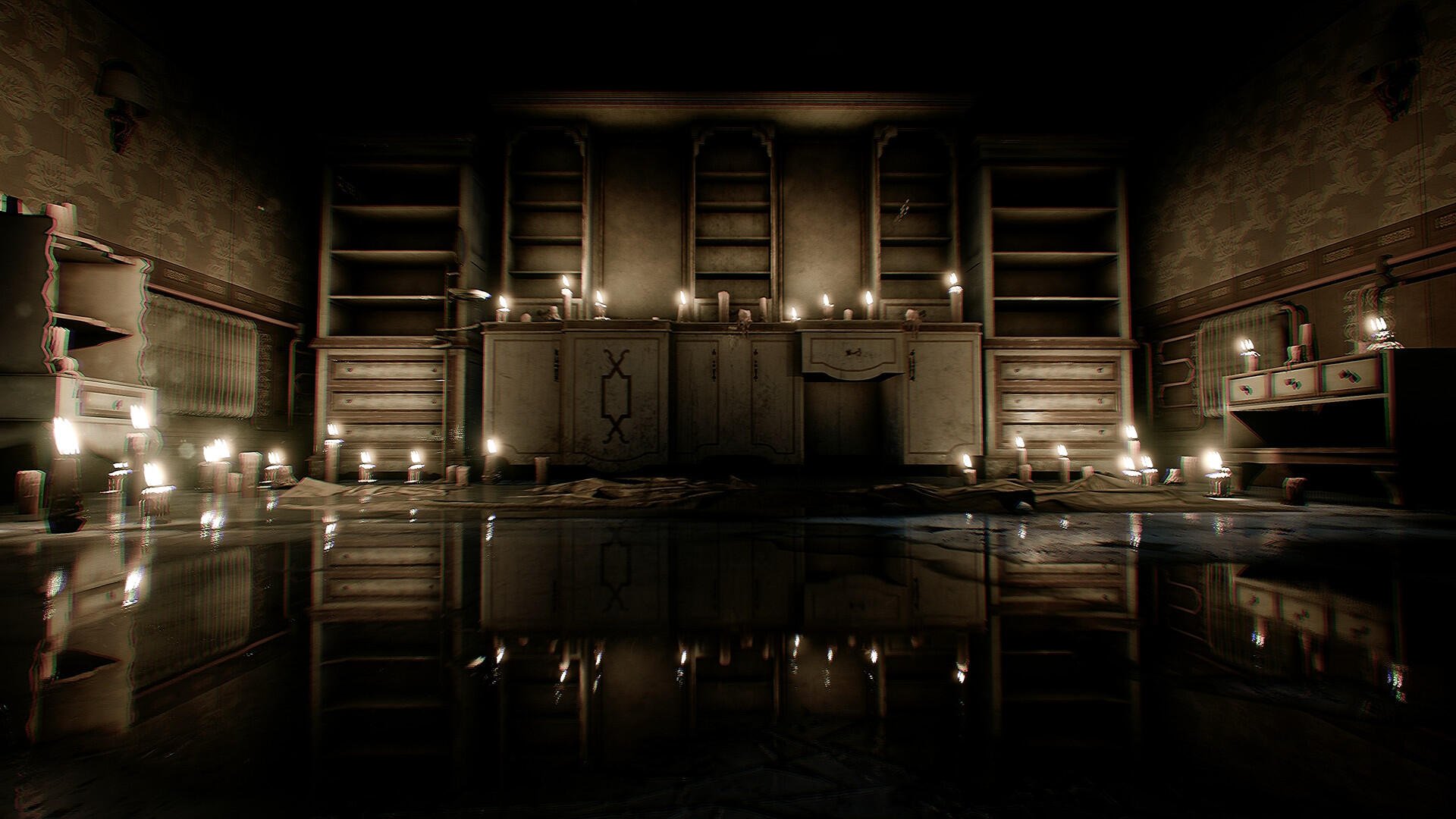 HD PC desktop wallpaper from the video game The Dark Occult, featuring a dimly lit, candle-filled room with shelves and dark, eerie ambiance.