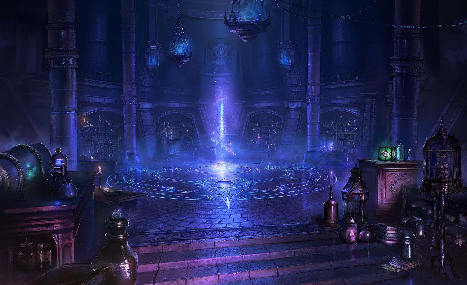 HD PC desktop wallpaper from the video game Shadowverse: Worlds Beyond, featuring a mystical library with glowing blue light and ancient bookshelves.