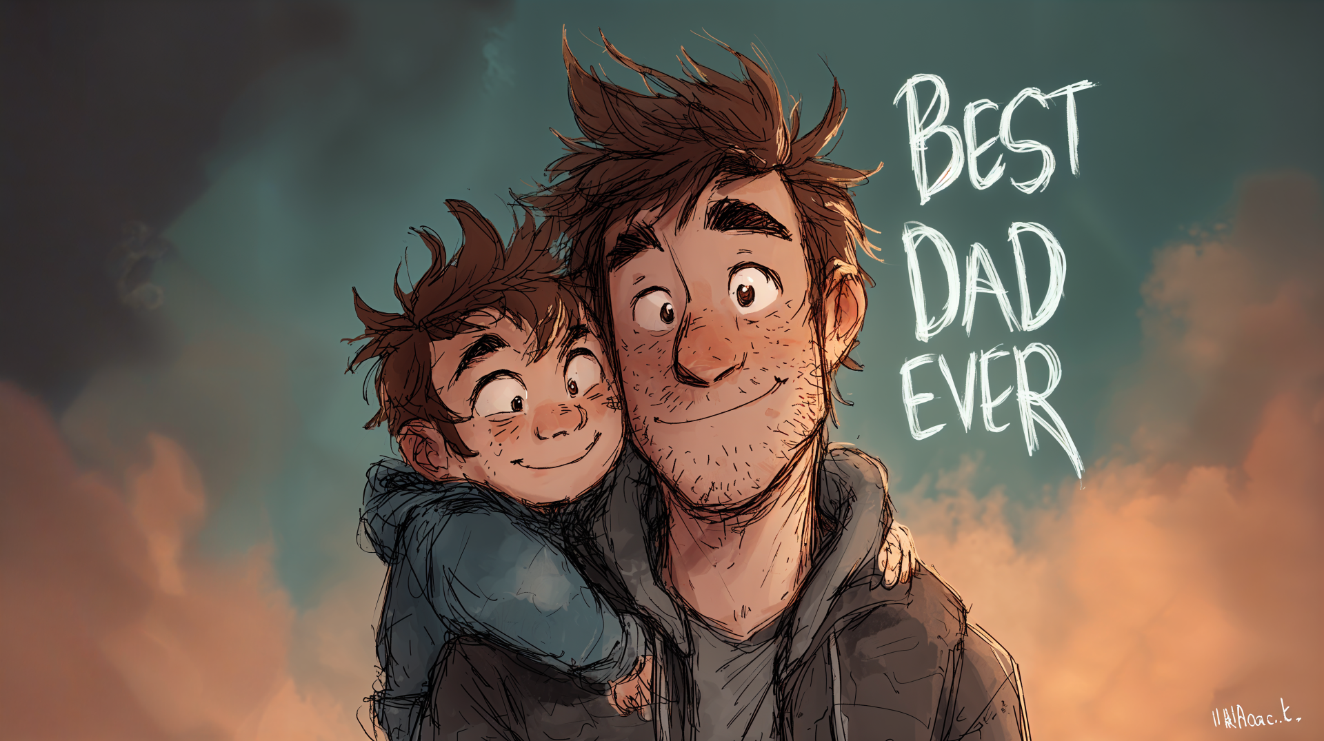 Illustration of a father and child smiling together with Best Dad Ever text, designed as a vibrant 4K Ultra HD PC desktop wallpaper background.