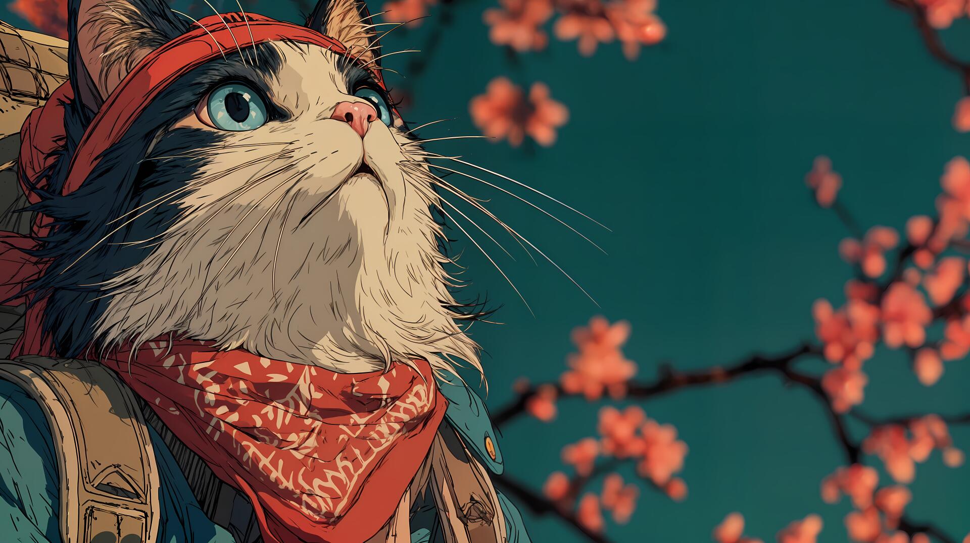 Anime cat wearing a red bandana and backpack gazes upward against a teal sky dotted with cherry blossoms — 5K Ultra HD PC desktop wallpaper and background.