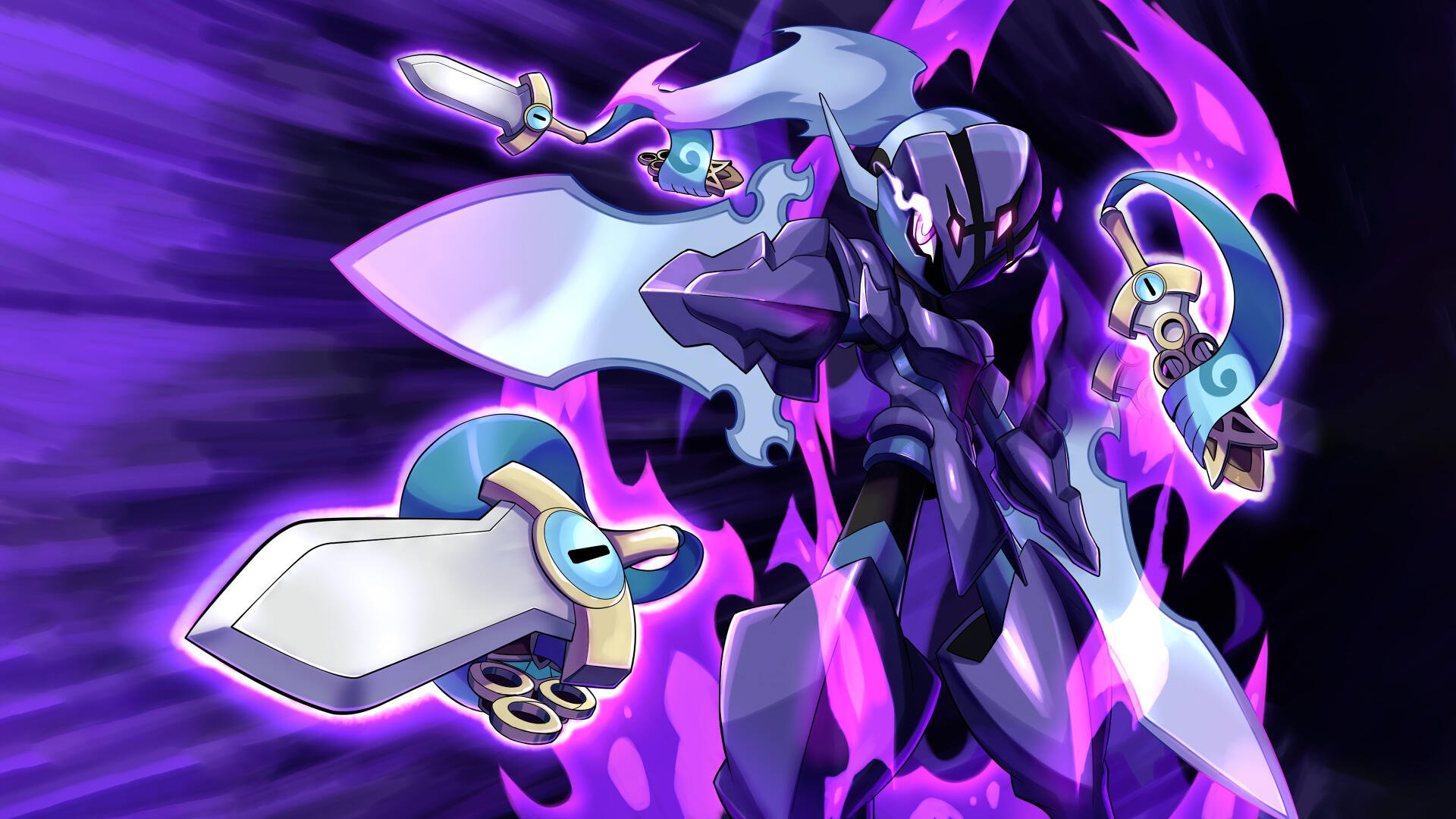 4K Ultra HD anime wallpaper featuring Ceruledge from Pokémon Horizons: The Series, showcasing the character with glowing purple energy and dual swords.