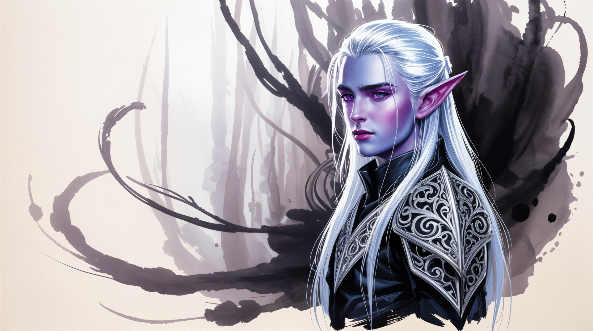4K Ultra HD PC wallpaper of a dark elf with pale skin, long white hair, and intricate armor, set against an abstract monochrome background.
