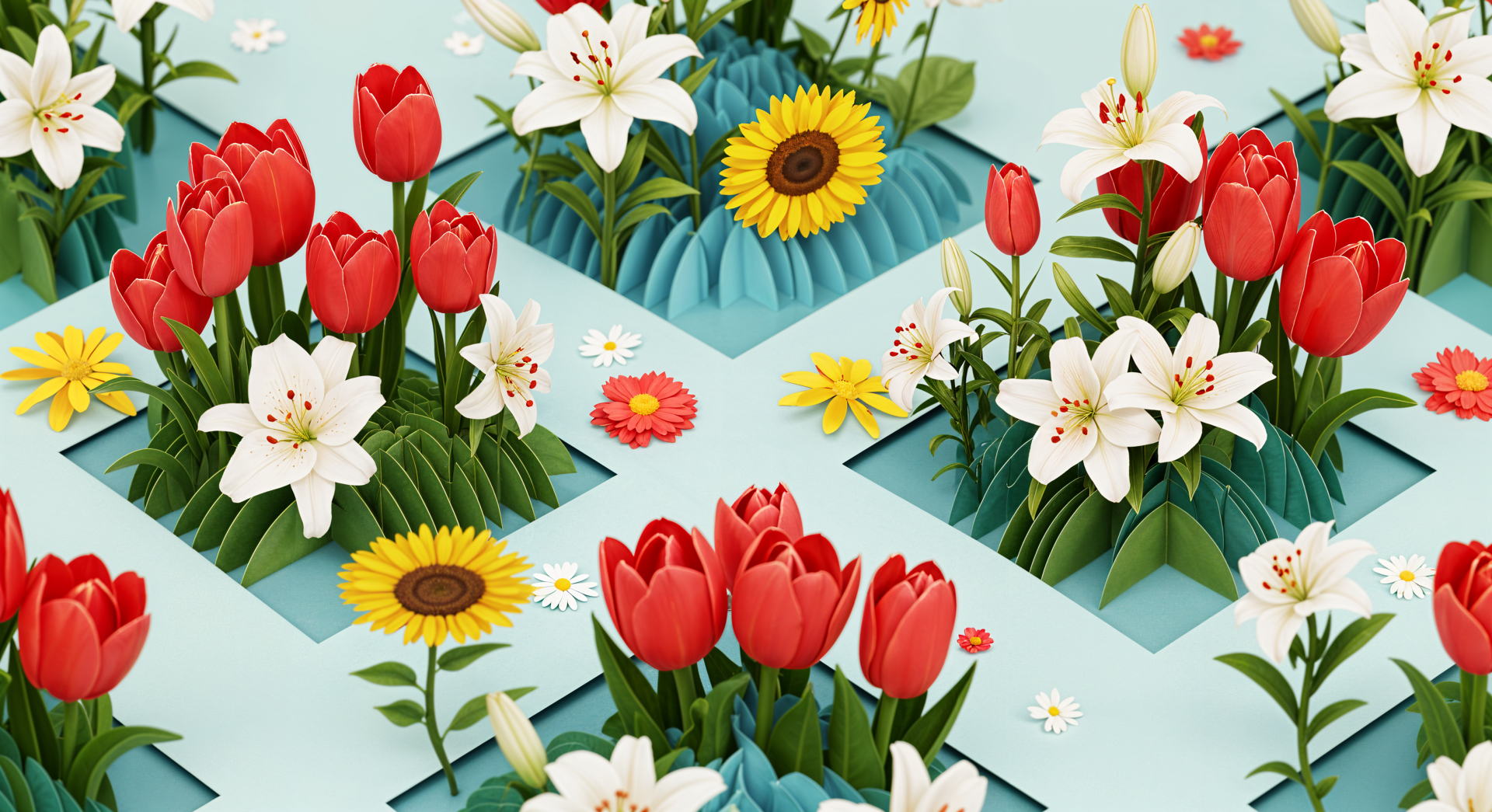 4K Ultra HD desktop wallpaper featuring a vibrant flower pattern with red tulips, white lilies, sunflowers, and small colorful blooms on a light blue background.