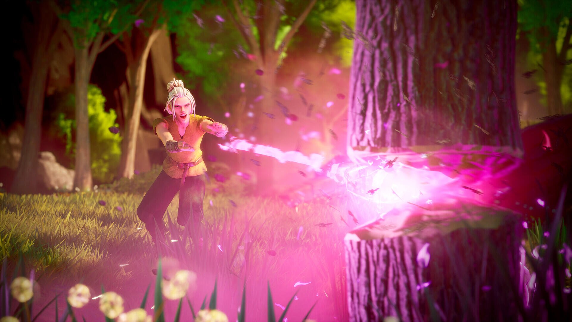 HD PC desktop wallpaper from the video game RuneScape: Dragonwilds showing a character casting a bright pink magical spell in a vibrant forest setting.
