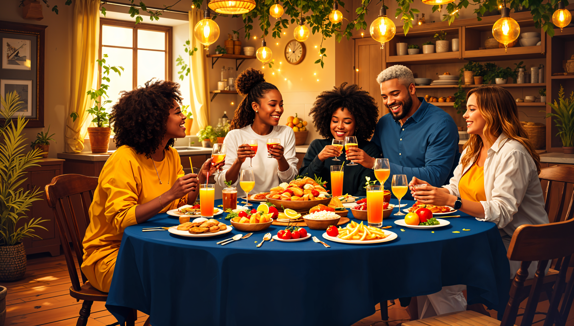 Cheerful group sharing a joyful meal around a table in a warmly lit dining room, captured in vibrant 4K Ultra HD for a lively PC desktop wallpaper.