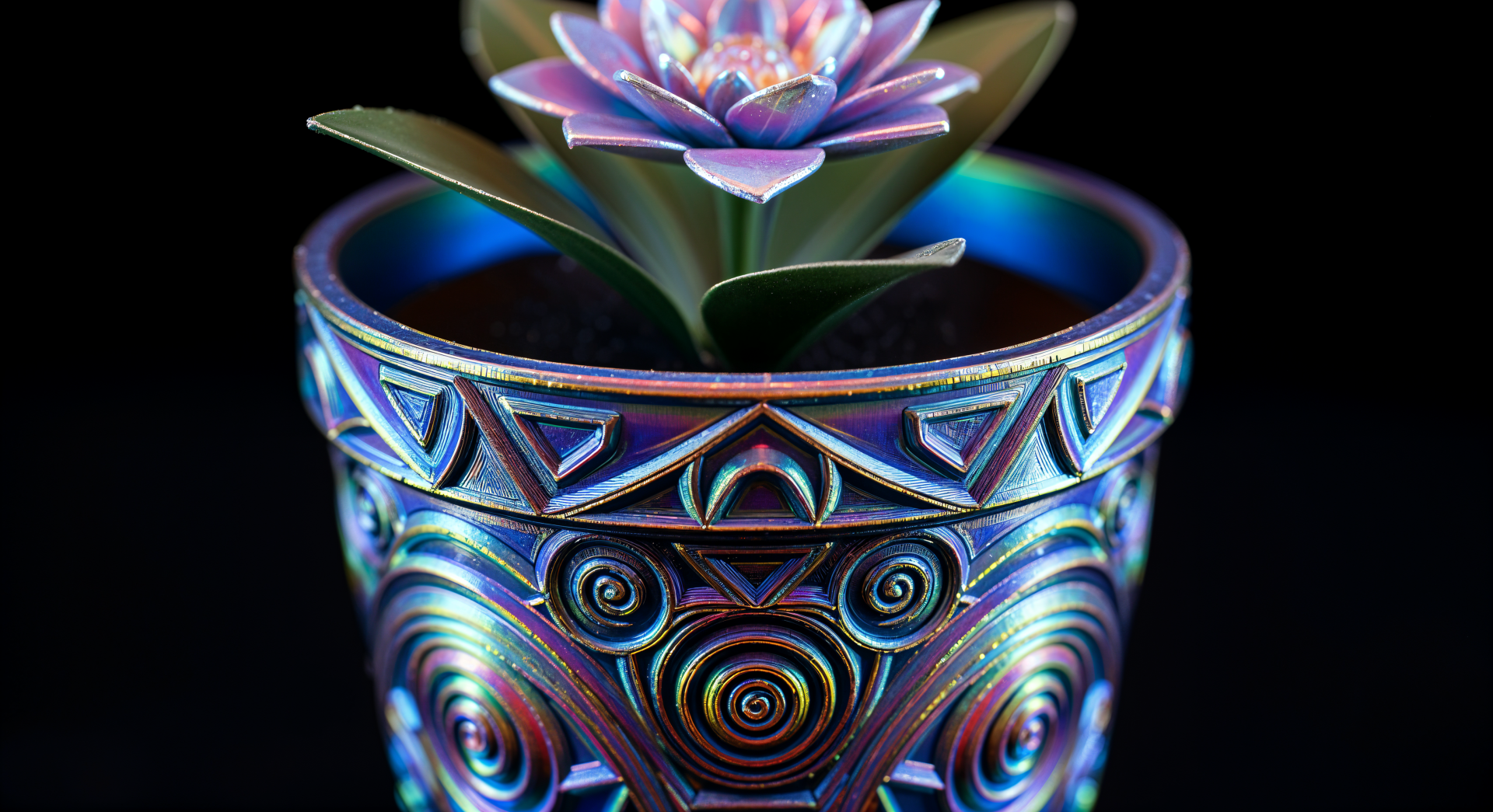 Close-up of a vibrant, intricately designed flower pot with a colorful flower, captured in 4K Ultra HD for a striking PC desktop wallpaper background.