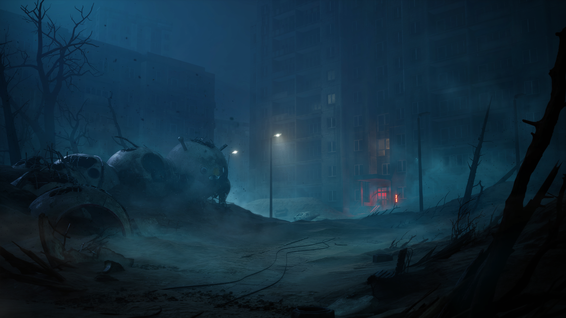 Dark, foggy landscape from the video game Cronos: The New Dawn, presented as a 4K Ultra HD PC desktop wallpaper and background.