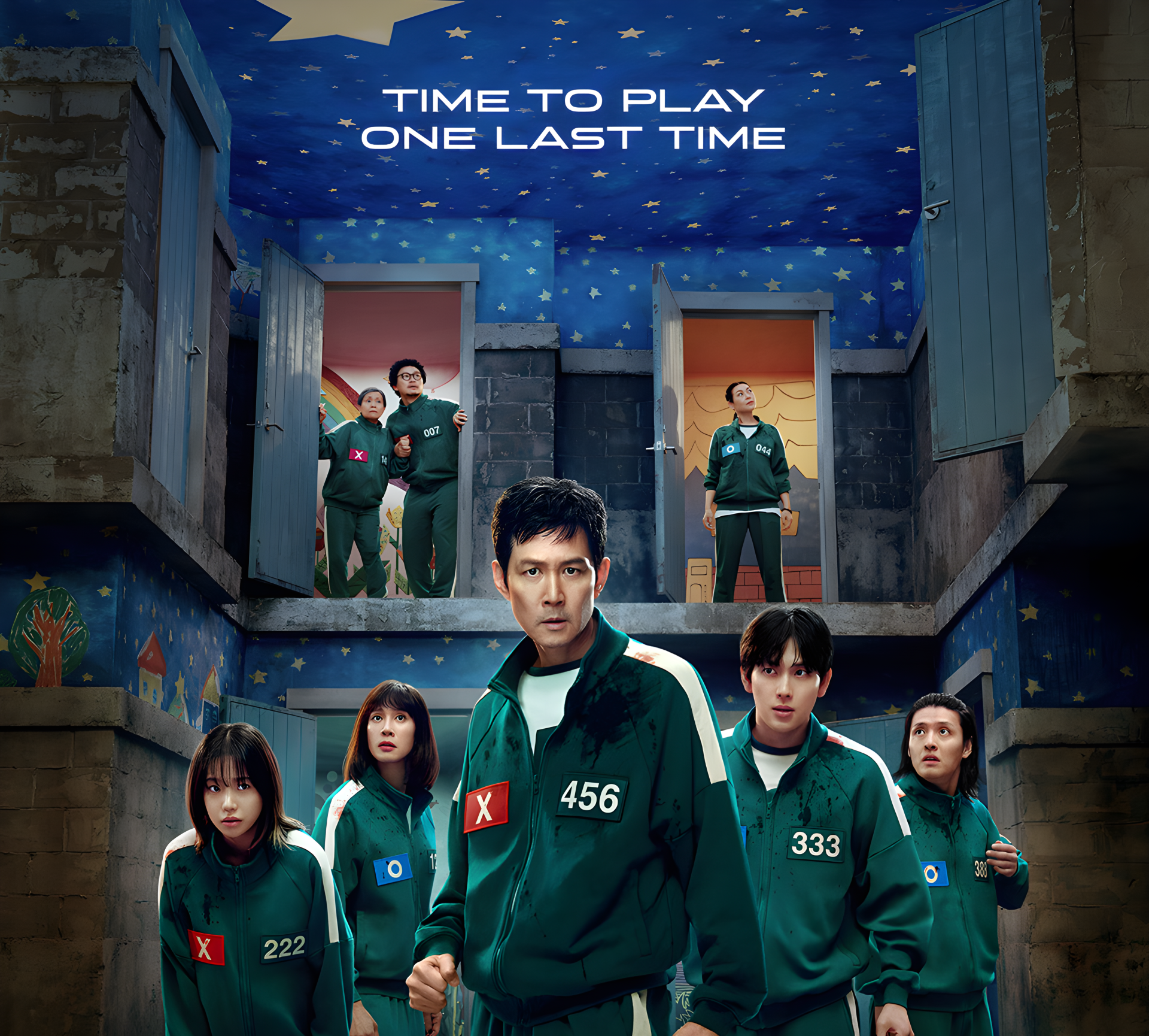 Squid Game TV show: ensemble of contestants in green tracksuits (numbers 456, 333) standing in a grim dorm hallway — 4K Ultra HD PC desktop wallpaper and background.