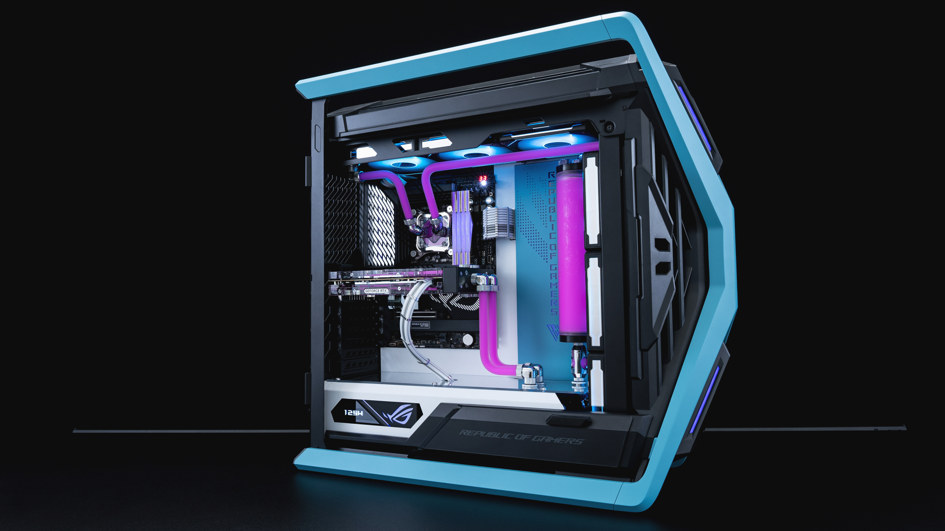 4K Ultra HD wallpaper showcasing a high-end Republic of Gamers PC with Nvidia components, vibrant RGB lighting, and advanced computer hardware inside a sleek blue frame.