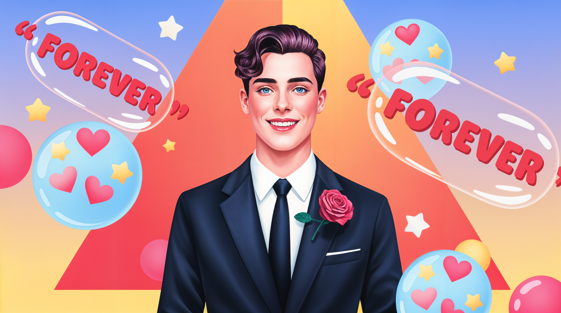 4K Ultra HD PC desktop wallpaper featuring a smiling fiancé in a suit with a rose, surrounded by hearts and FOREVER speech bubbles against a vibrant background.