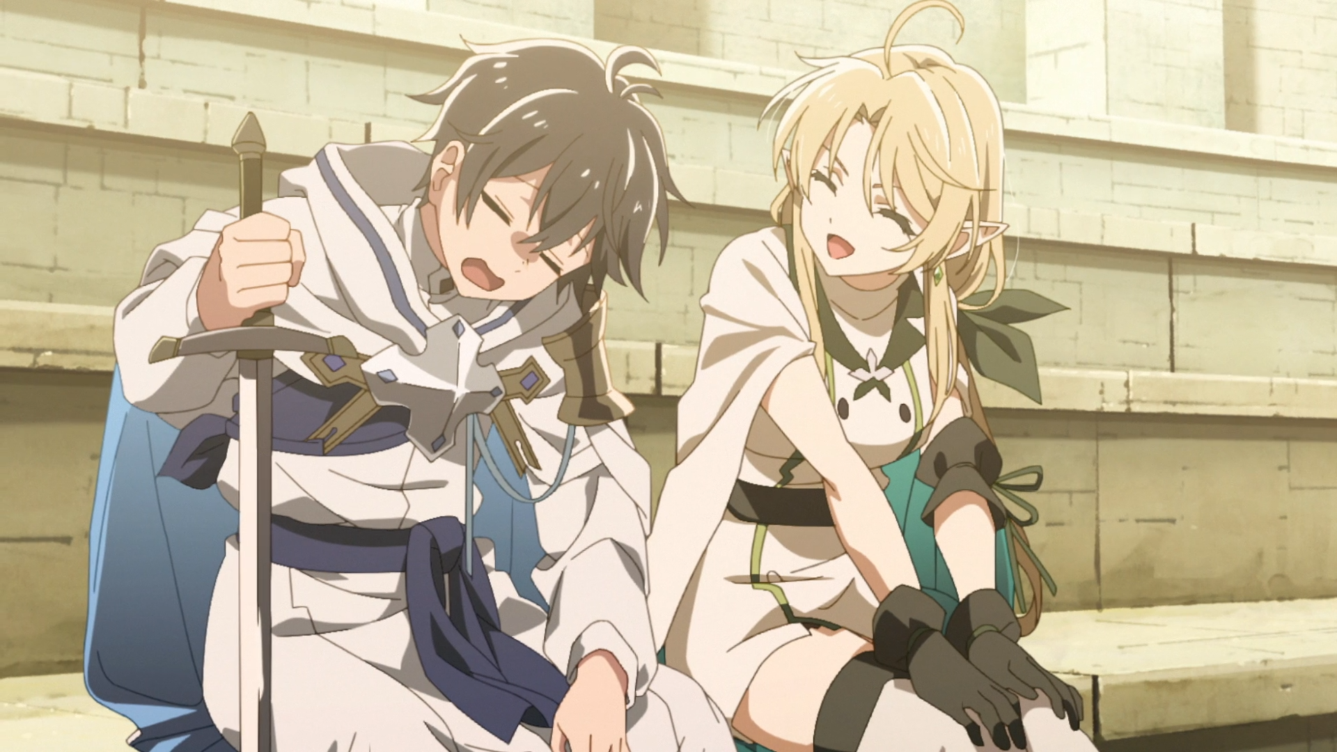 Anime HD PC desktop wallpaper/background of The Water Magician featuring Ryou (The Water Magician) and Sara (The Water Magician) sitting on stone steps, laughing together in warm sunlight.