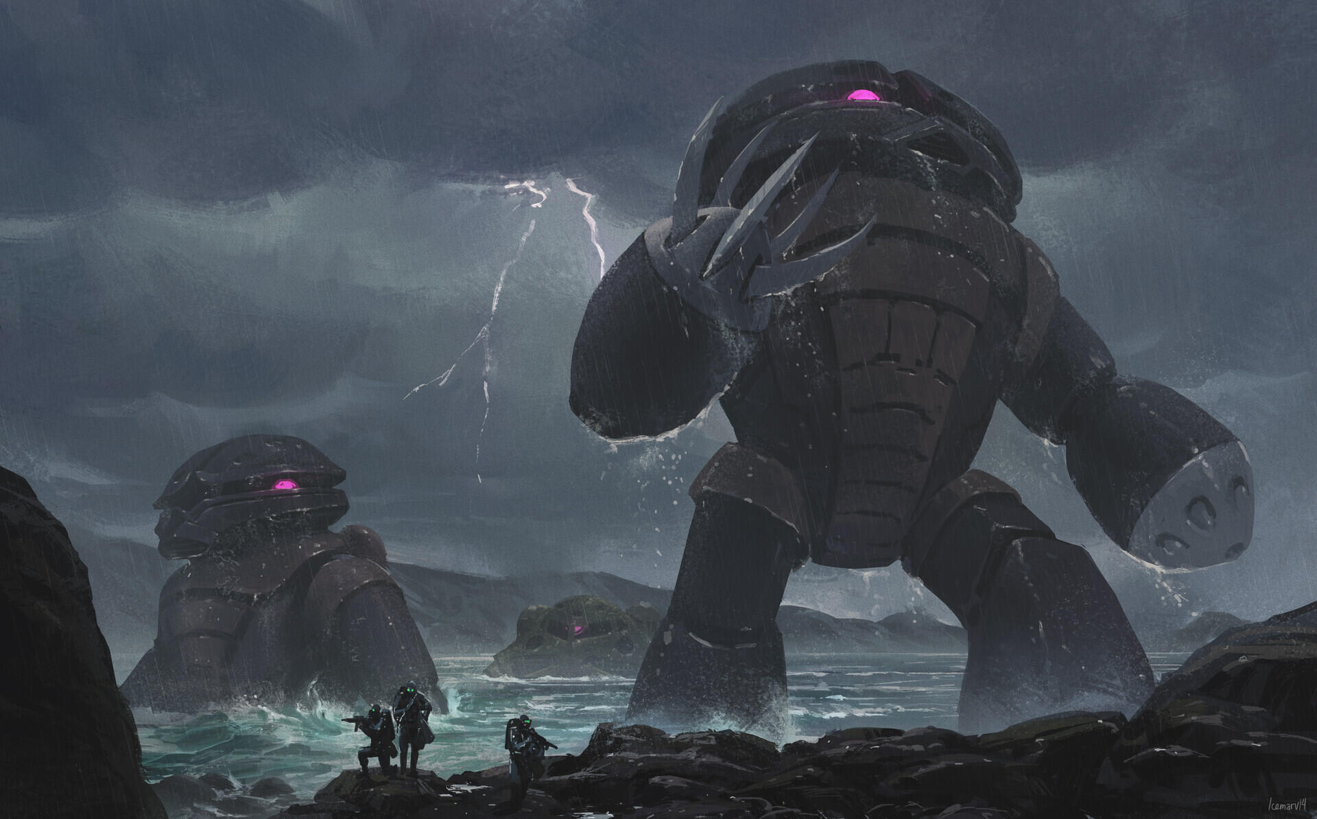 HD anime desktop wallpaper featuring towering Mobile Suit Gundam robots in the rain under a stormy sky with lightning, evoking a dramatic and intense atmosphere.