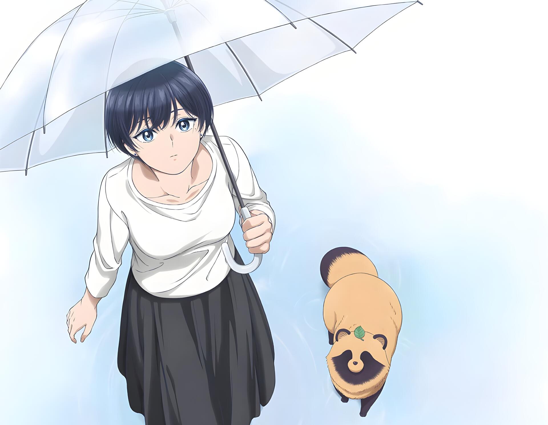 Anime 4K Ultra HD PC desktop wallpaper: Kimi (With You and the Rain) holding a clear umbrella, looking up as Fuji (With You and the Rain) the dog walks beside her.