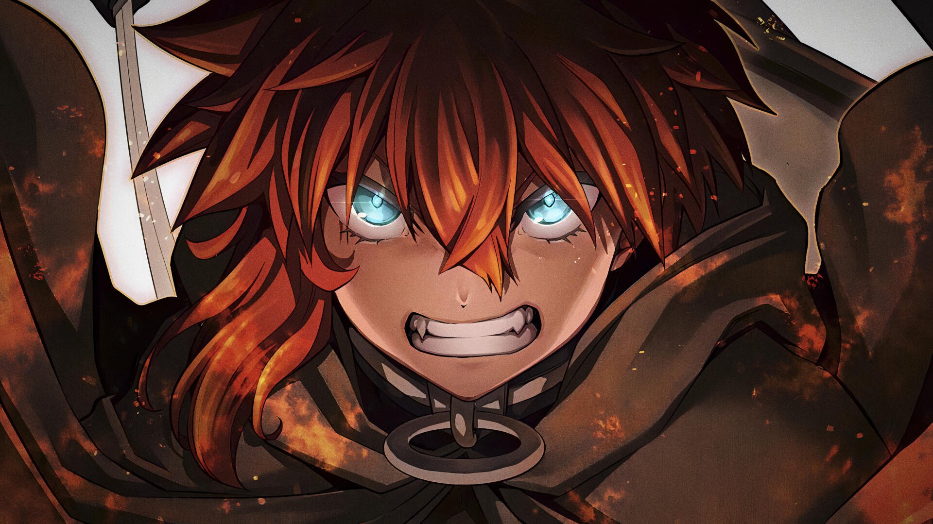 Close-up of an intense character with fiery red hair and glowing blue eyes from the manga Blade & Bastard 3, rendered in vivid 4K Ultra HD for PC desktop wallpaper.