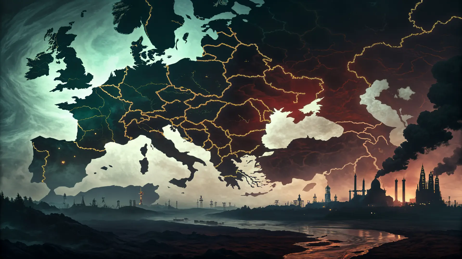 A 4K Ultra HD PC desktop wallpaper featuring a detailed map of Europe with illuminated country borders against a dramatic, dark sky background.