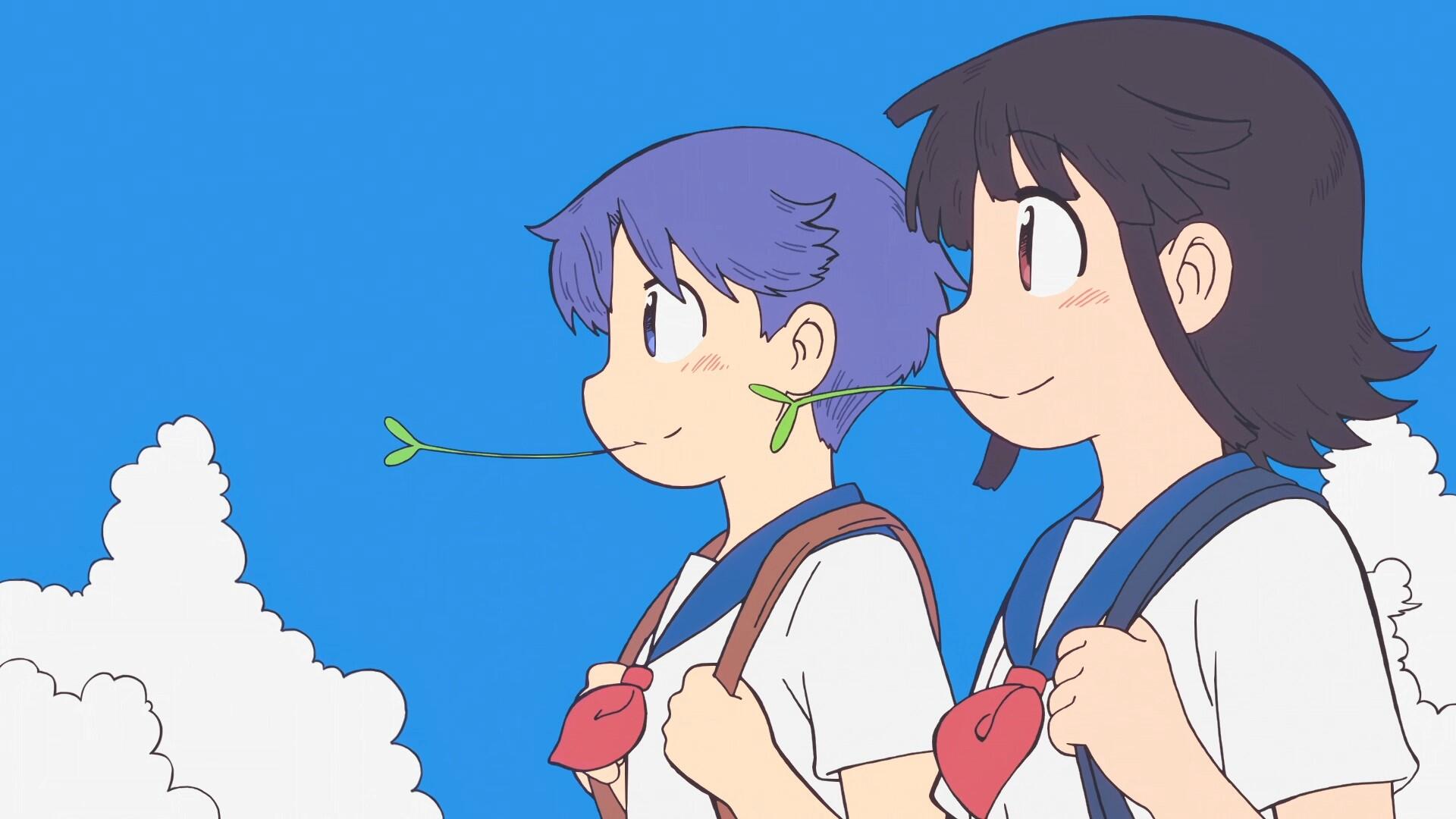 HD PC desktop wallpaper featuring two anime characters from City the Animation against a bright blue sky with a fluffy white cloud.