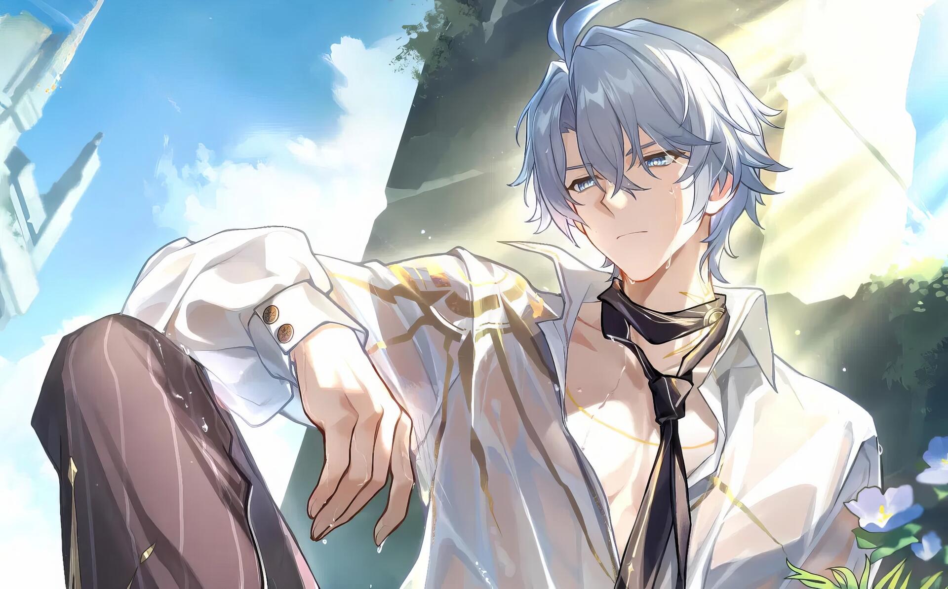 HD anime-style wallpaper of Phainon from the video game Honkai: Star Rail, featuring a contemplative boy with silver hair against a bright, natural backdrop.