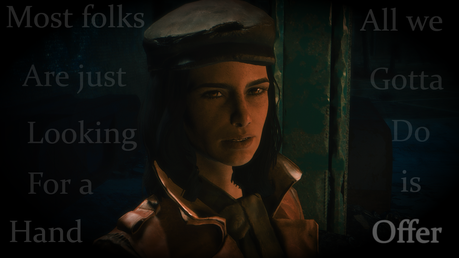 HD PC desktop wallpaper featuring Piper Wright from the video game Fallout 4, set against a dimly lit background with faint text overlays.