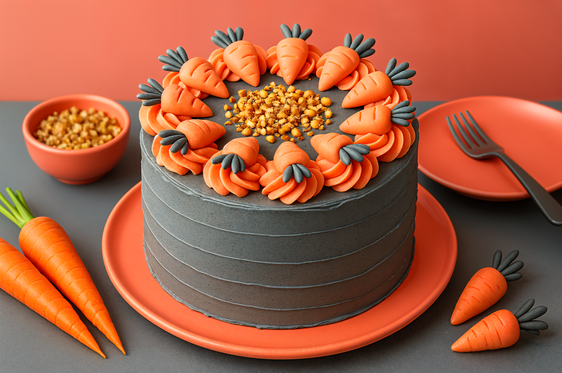 4K Ultra HD desktop wallpaper featuring a richly decorated carrot cake with orange frosting carrots and nuts on a matching orange plate and background.