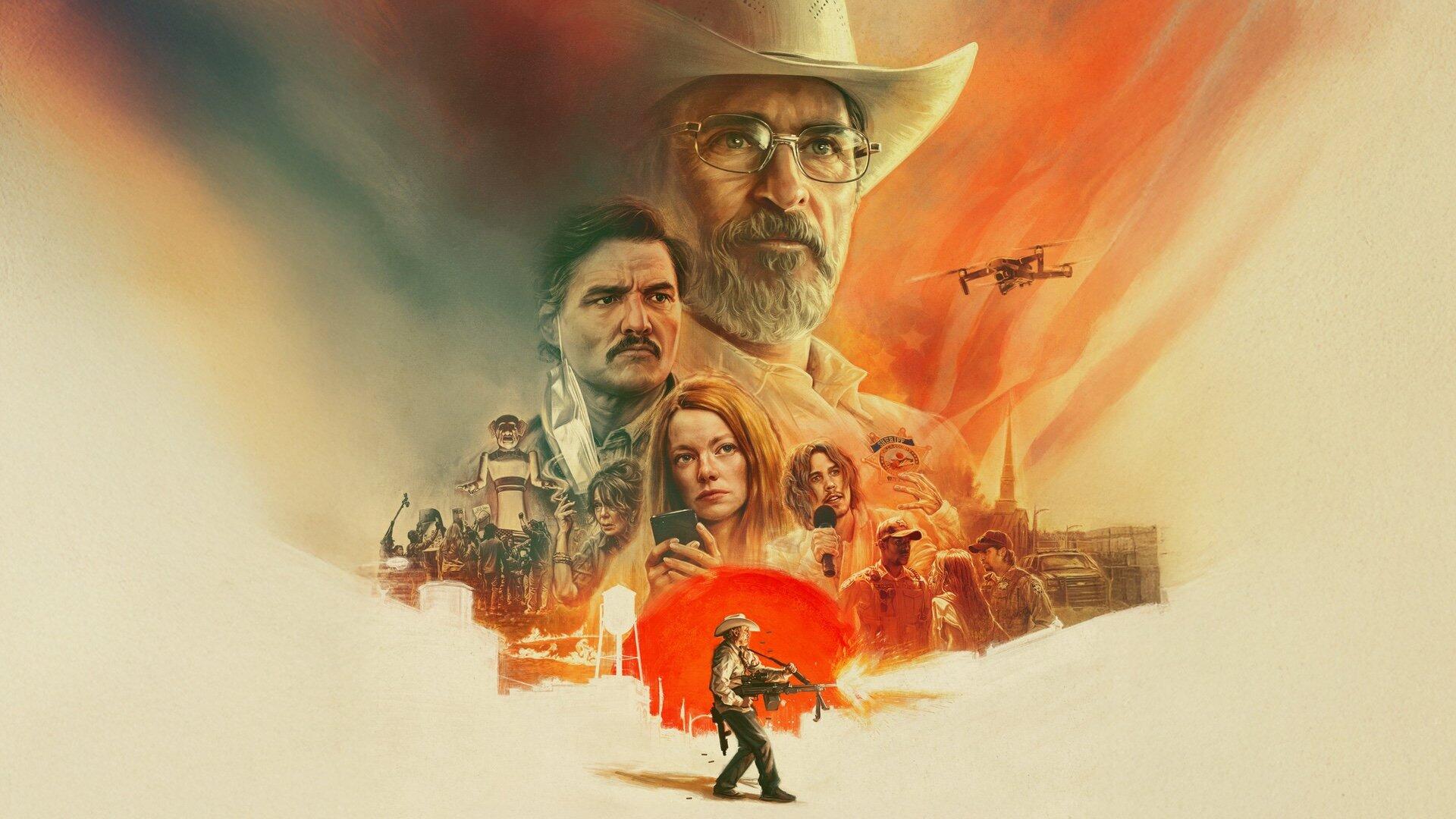 HD PC desktop wallpaper featuring characters from the movie Eddington, with a dramatic sunset backdrop and a central figure in a cowboy hat.