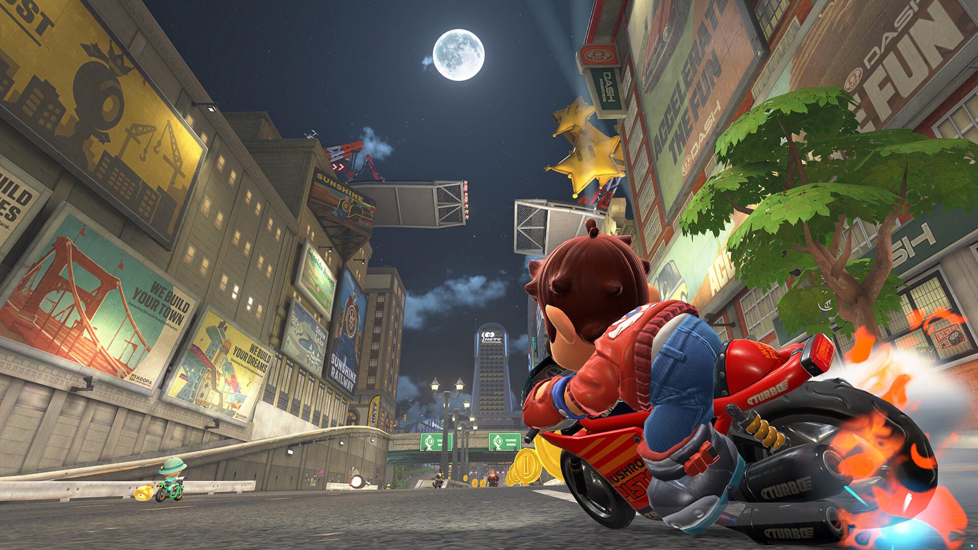 HD PC desktop wallpaper featuring an intense night race scene from the Mario Kart world, with Mario speeding through a cityscape under a full moon.
